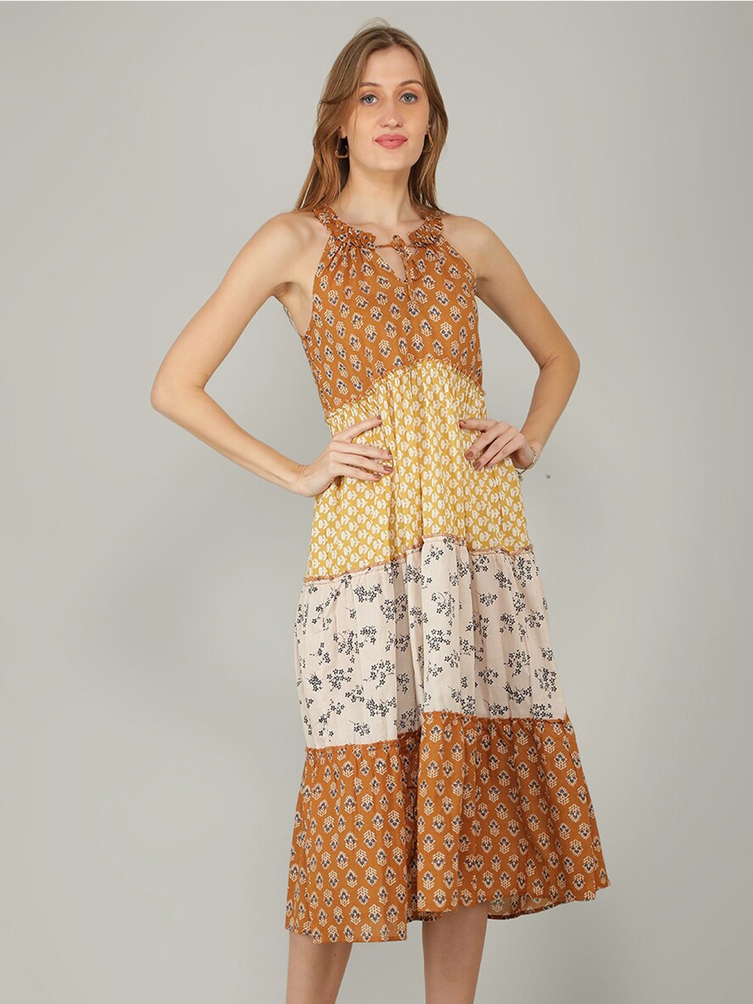 

NAVIYATA Floral Halter Neck Midi Cotton Dress, Mustard