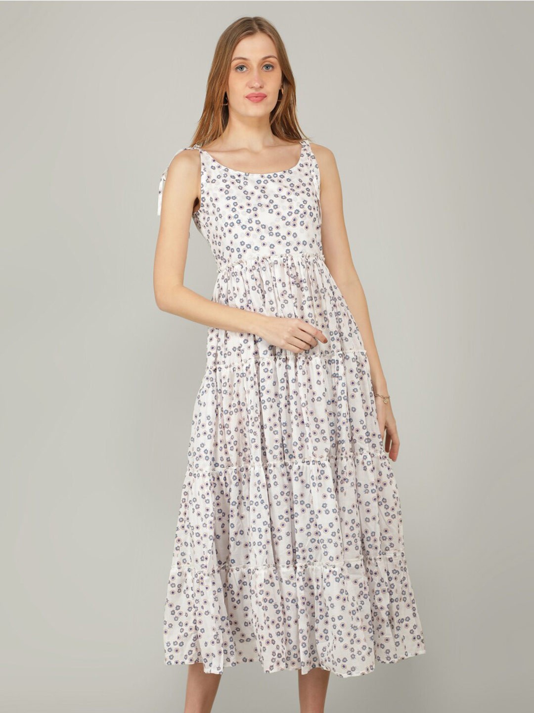 

NAVIYATA Floral Midi Cotton Dress, White
