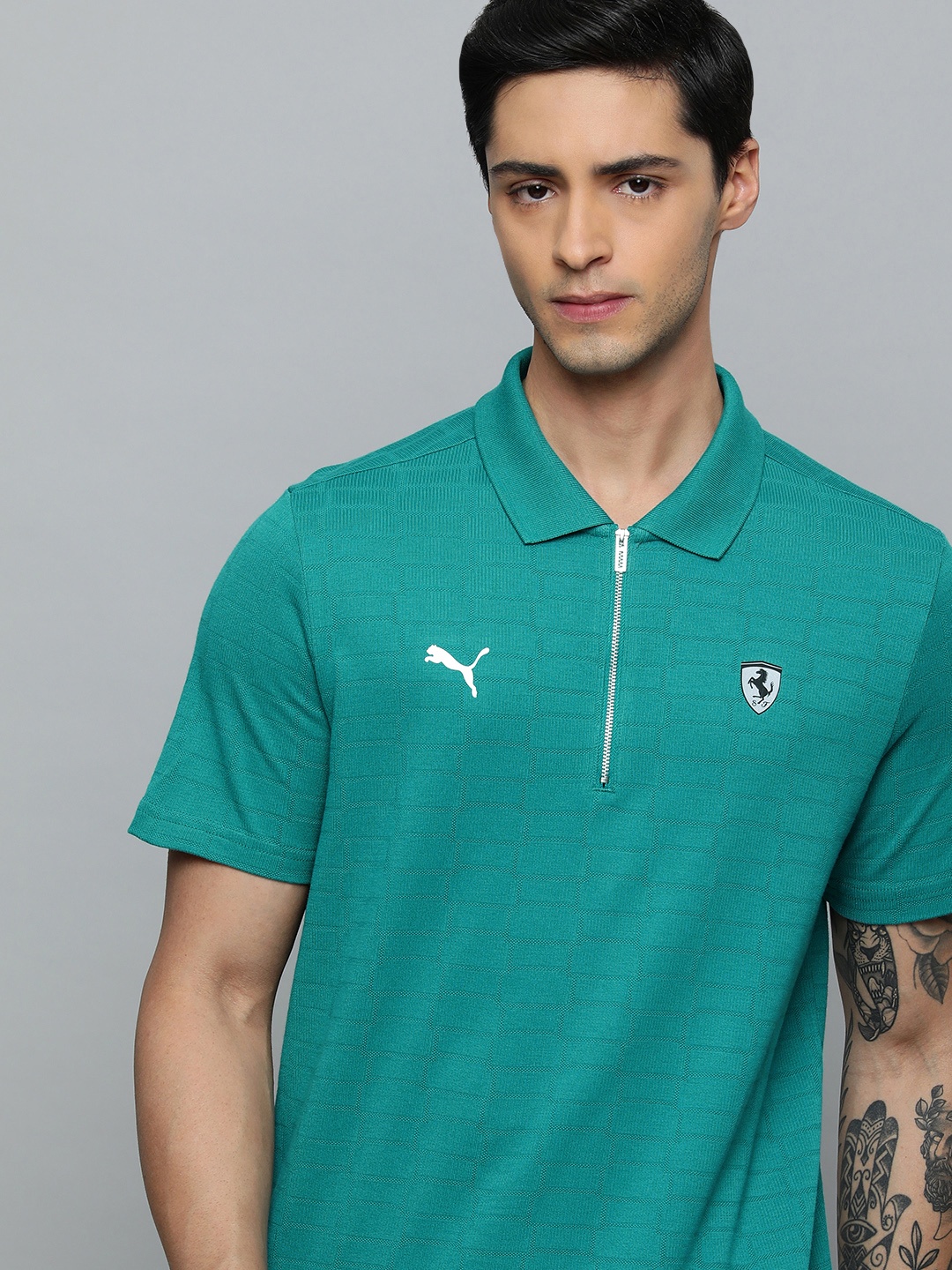 

PUMA Motorsport Ferrari Style Jacquard Brand Logo Polo Collar Pure Cotton Ribbed T-shirt, Turquoise blue