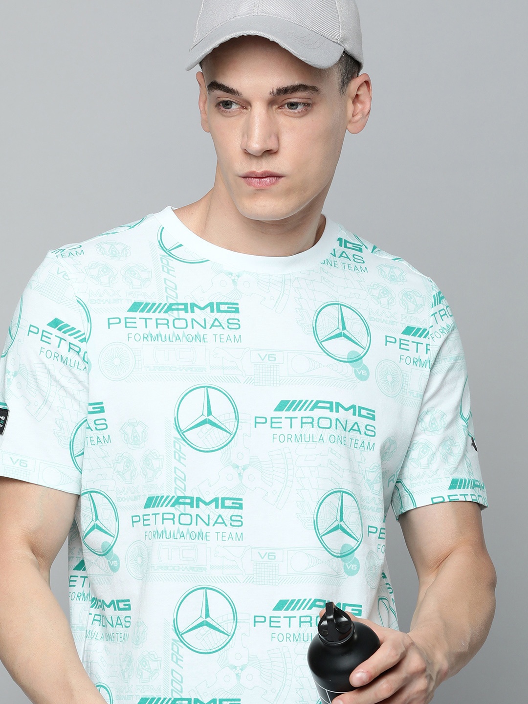 

PUMA Motorsport Men Mercedes AMG Petronas AOP Print Knitted Pure Cotton T-Shirt, White
