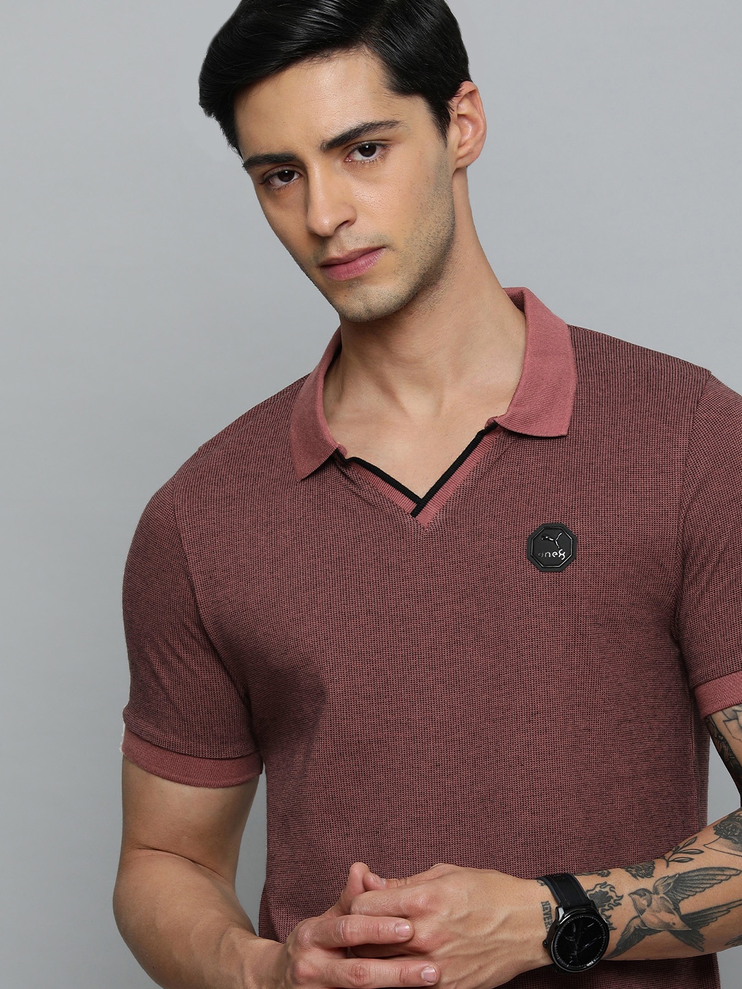 

one8 x PUMA Brand Logo Polo Collar Pure Cotton Applique Slim Fit Outdoor T-shirt, Burgundy