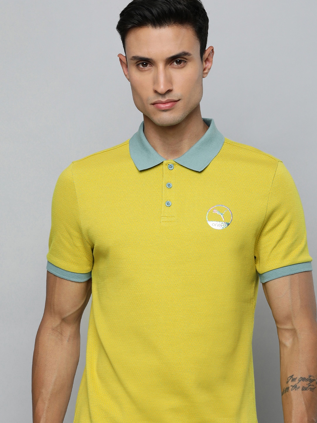 

one8 x PUMA Men Slim Fit Cotton Geometric Printed Polo Collar T-shirt, Yellow