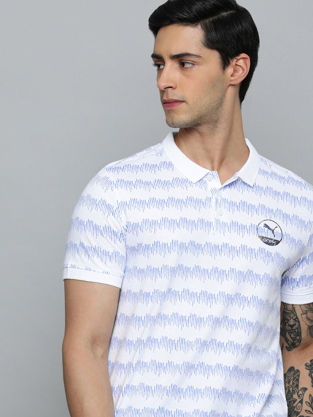 

one8 x PUMA Men Pure Cotton Geometric Printed Polo Collar Slim Fit Outdoor T-shirt, White