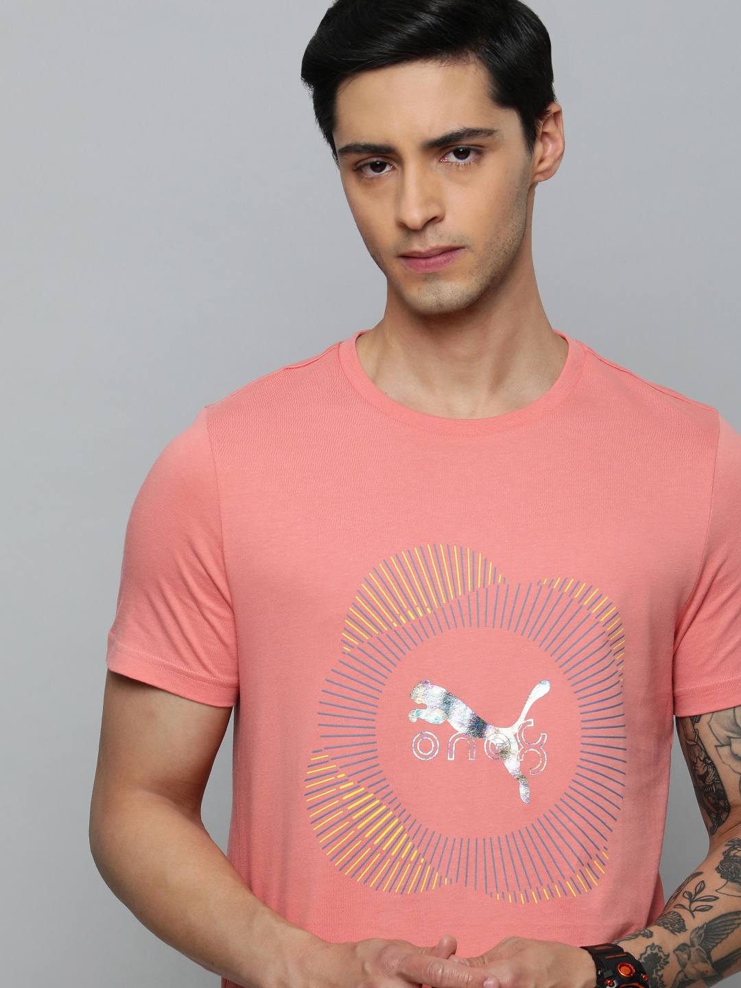 

one8 x PUMA Virat Kohli AOP Brand Logo Striped Pure Cotton Slim Fit Outdoor T-shirt, Pink