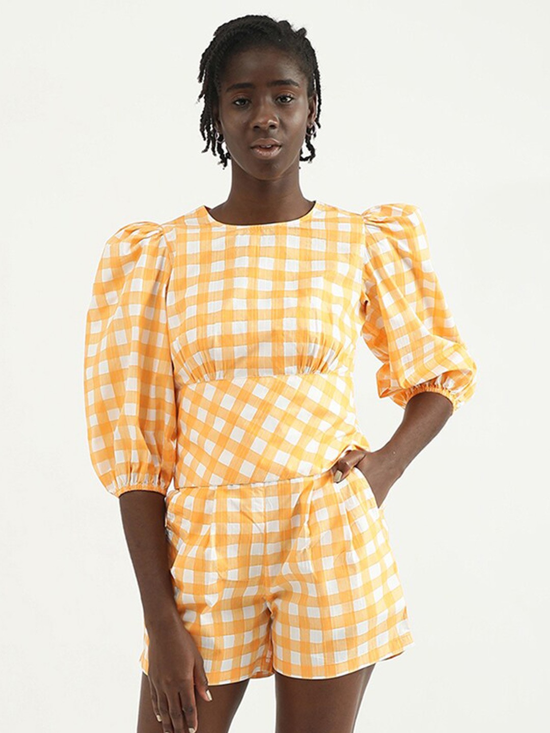 

United Colors of Benetton Checked Styled Cotton Back Top, Orange