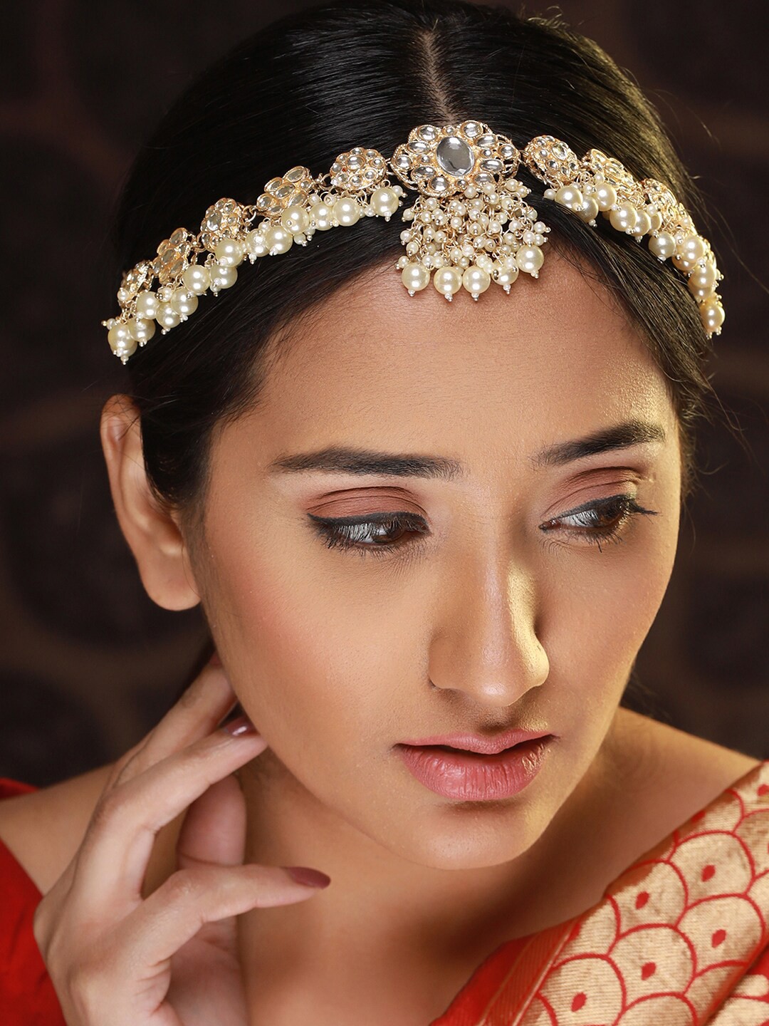 

Priyaasi Gold-Plated Kundan-Studded & Pearl Beaded Matha Patti, White