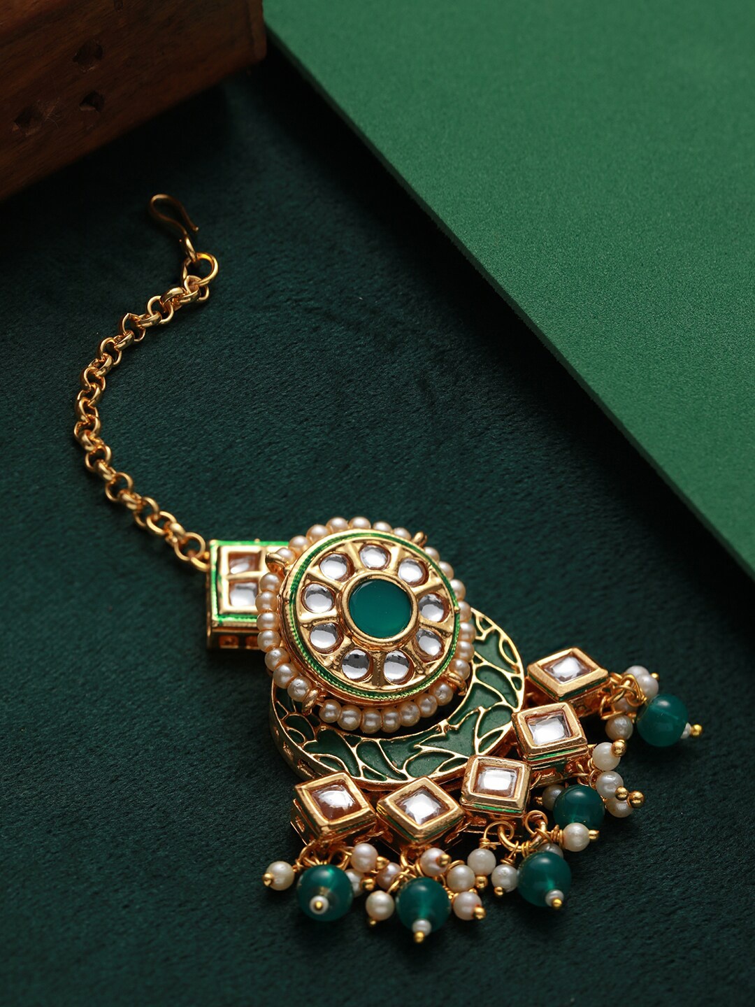 

Priyaasi Gold-Plated Kundan-Studded & Pearl Beaded Maang Tikka, Green