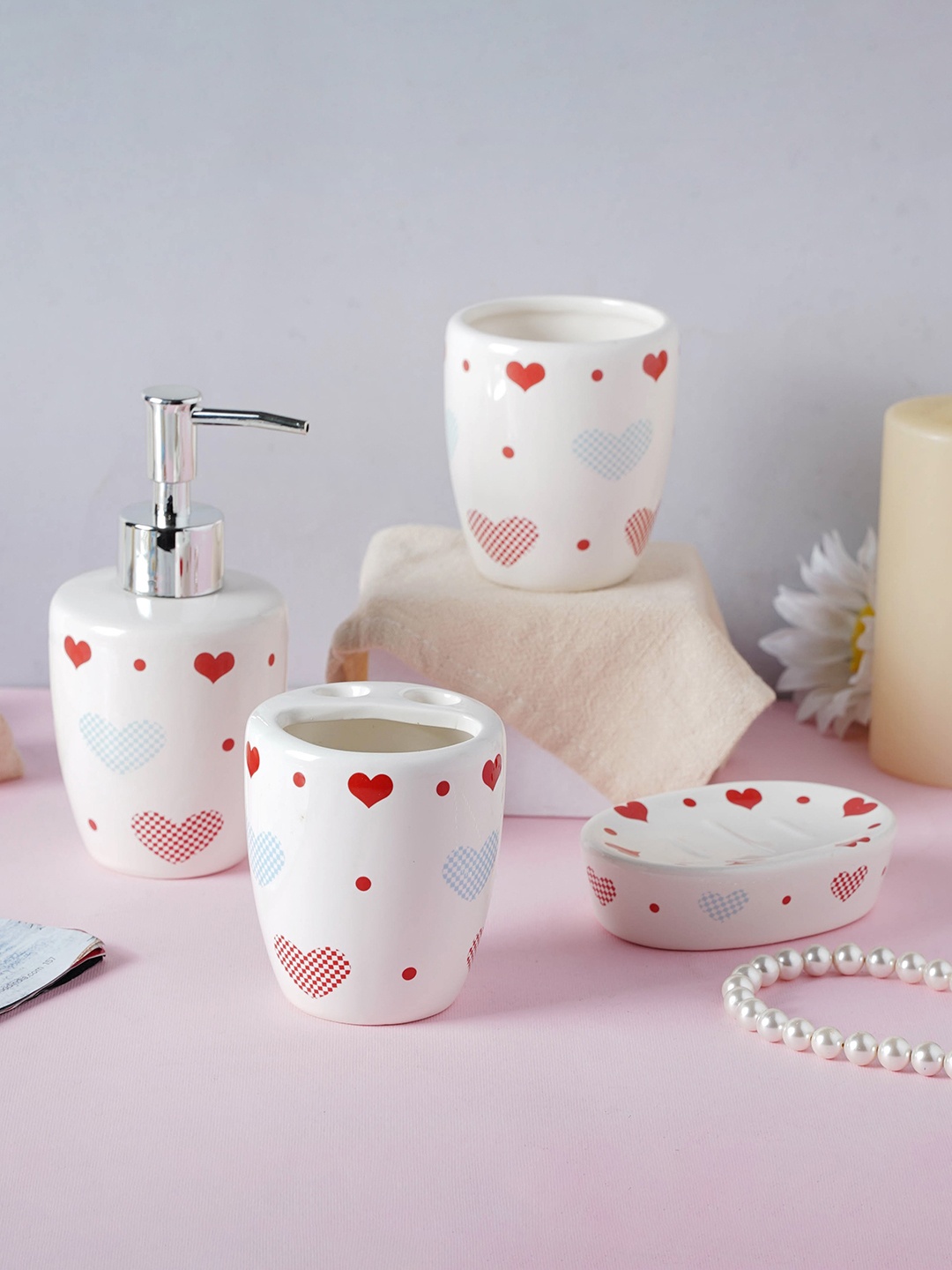 

Nestasia Set Of 4 White & Red Little Hearts Printed Ceramic Bathroom Accessories