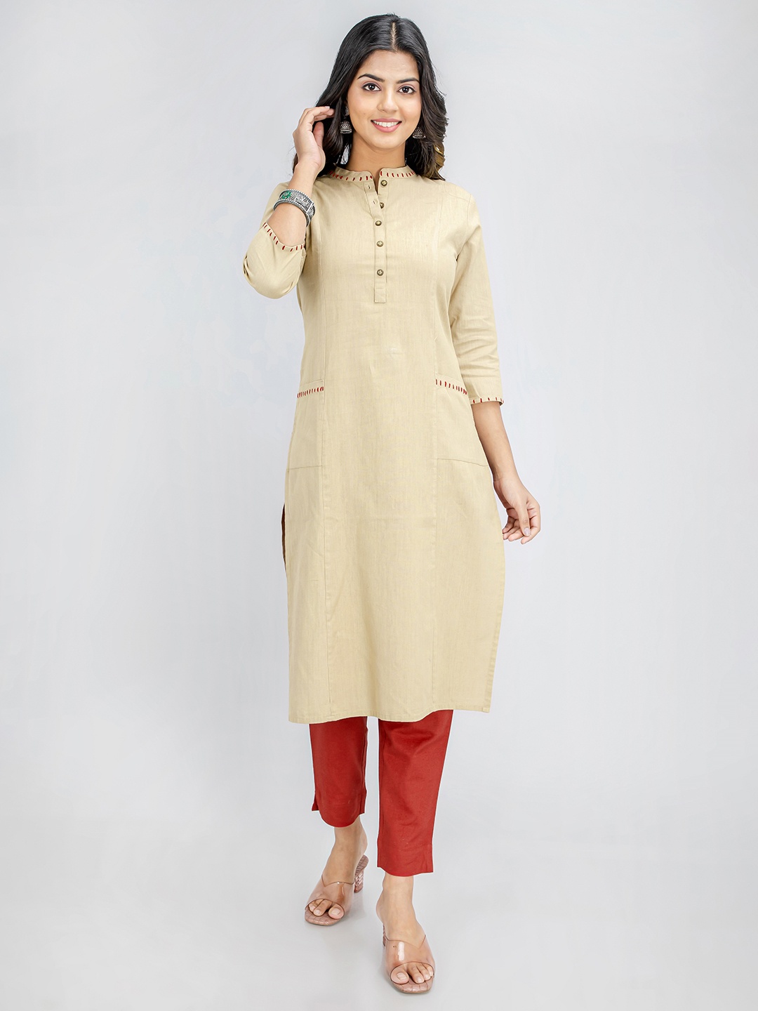 

fabGLOBAL Women Mandarin Collar Thread Work Cotton Kurta, Khaki