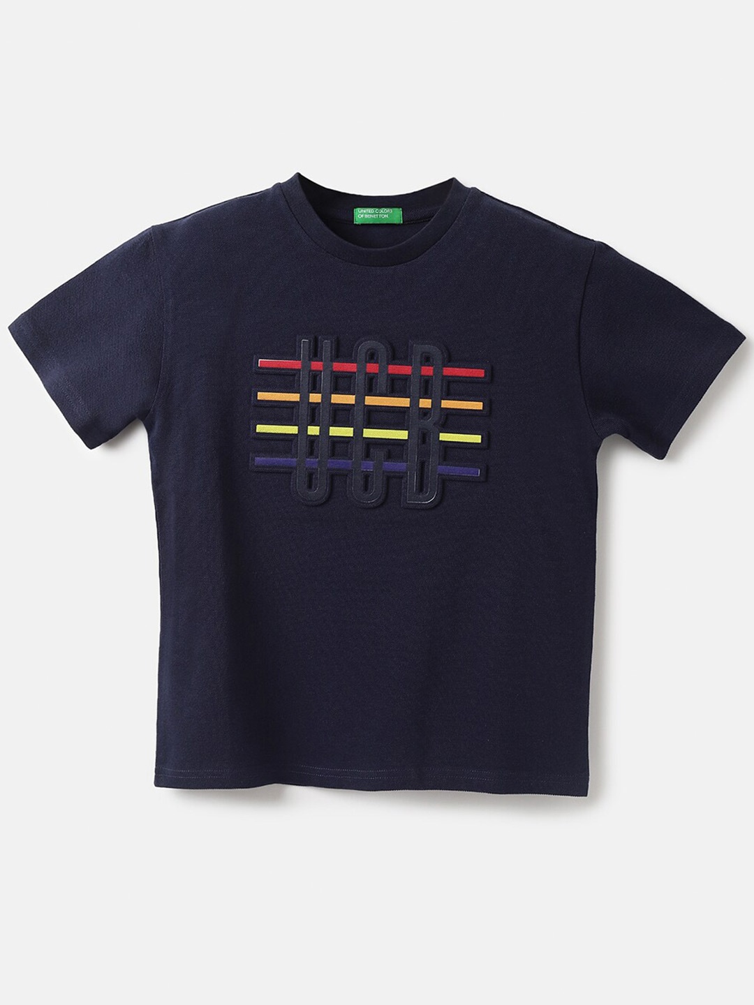 United Colors of Benetton Boys Self Design Cotton T-shirt, Navy blue