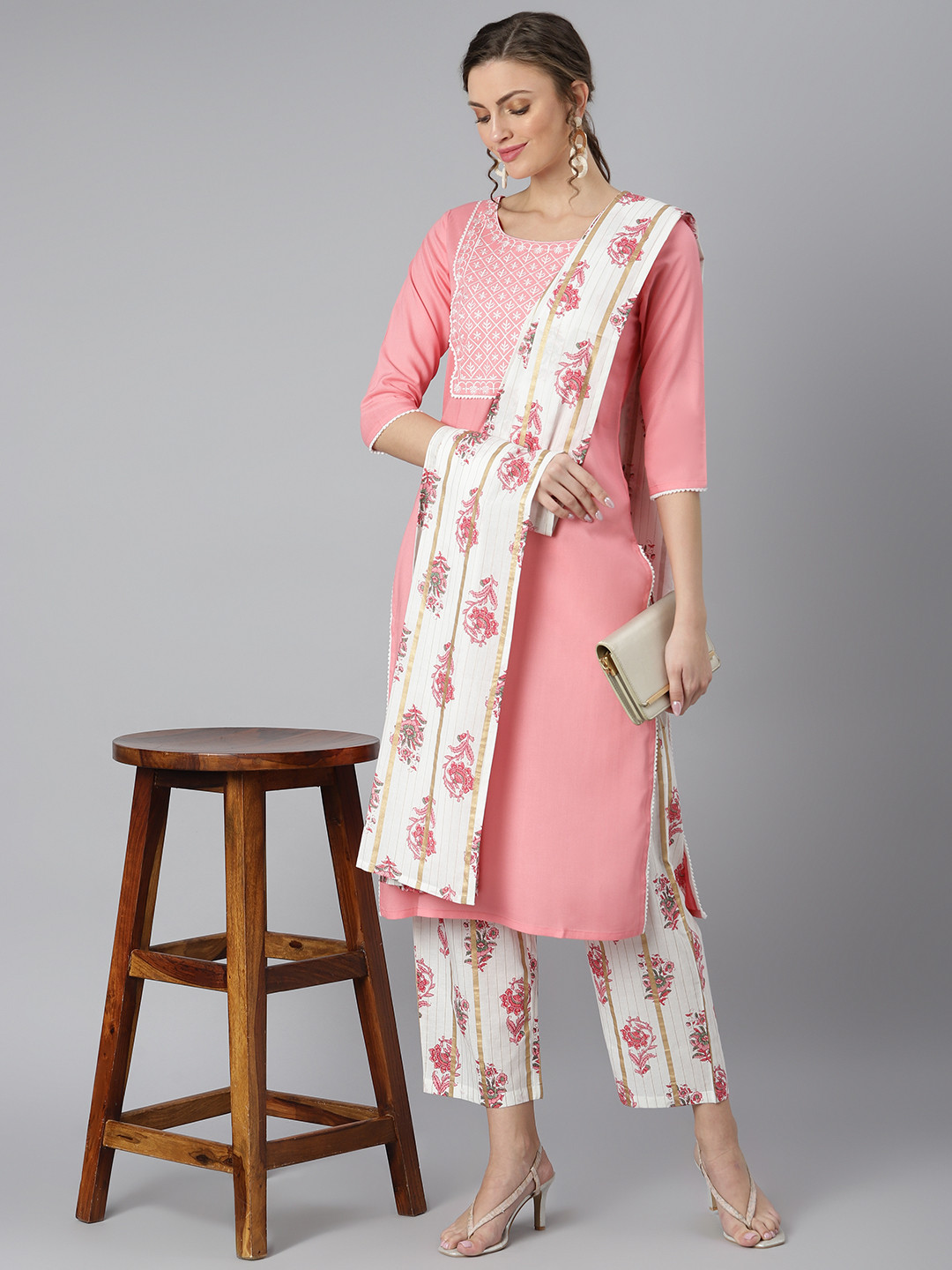 

Khushal K Women Floral Embroidered Thread Work Kurta with Palazzos & Dupatta, Pink