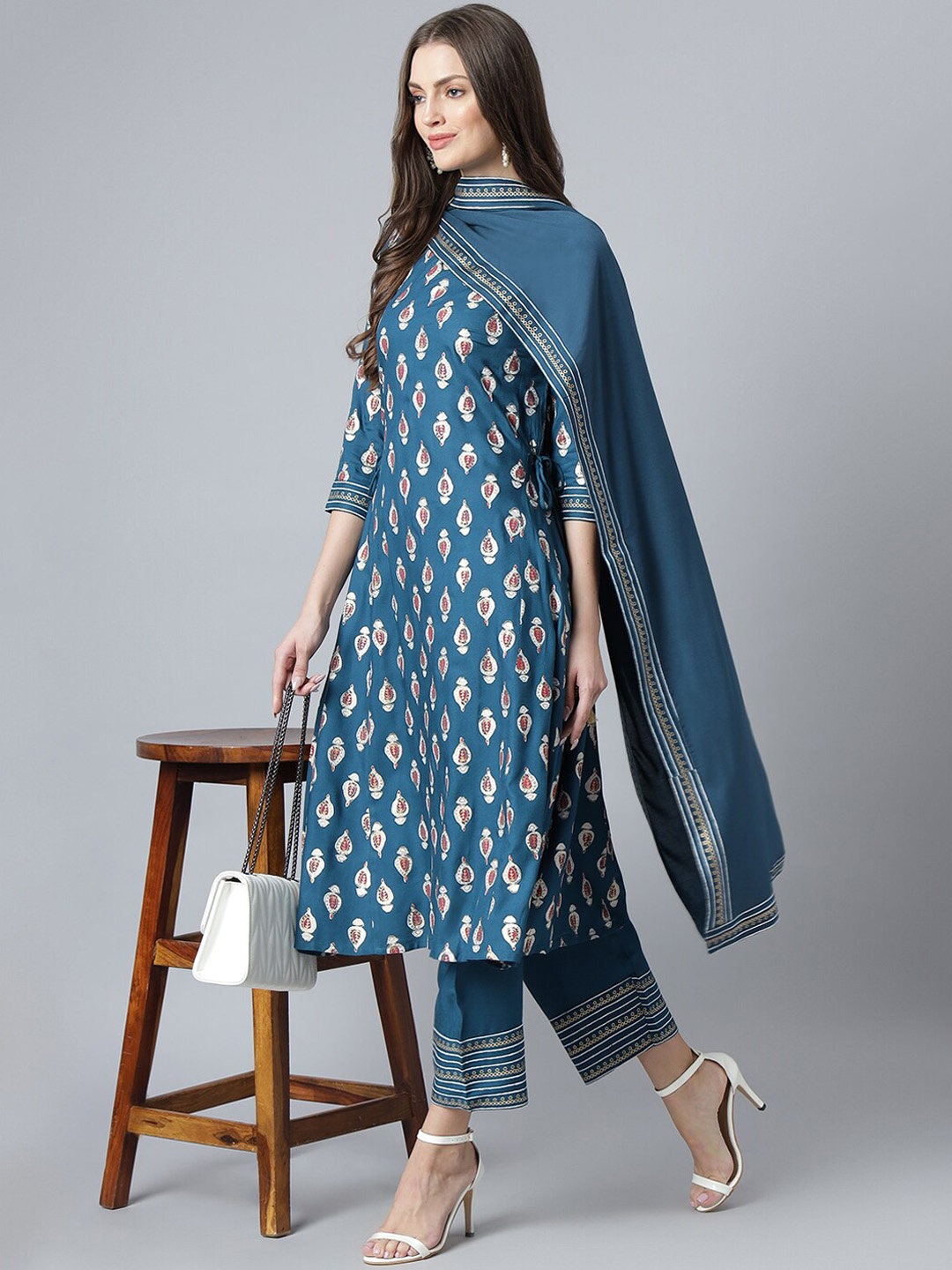 

Khushal K Ethnic Motifs Printed Keyhole Neck Kurta with Palazzos & Dupatta, Blue