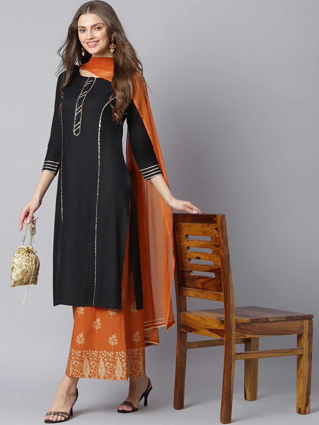 

Khushal K Ethnic Motifs Kurta with Palazzos & With Dupatta, Black