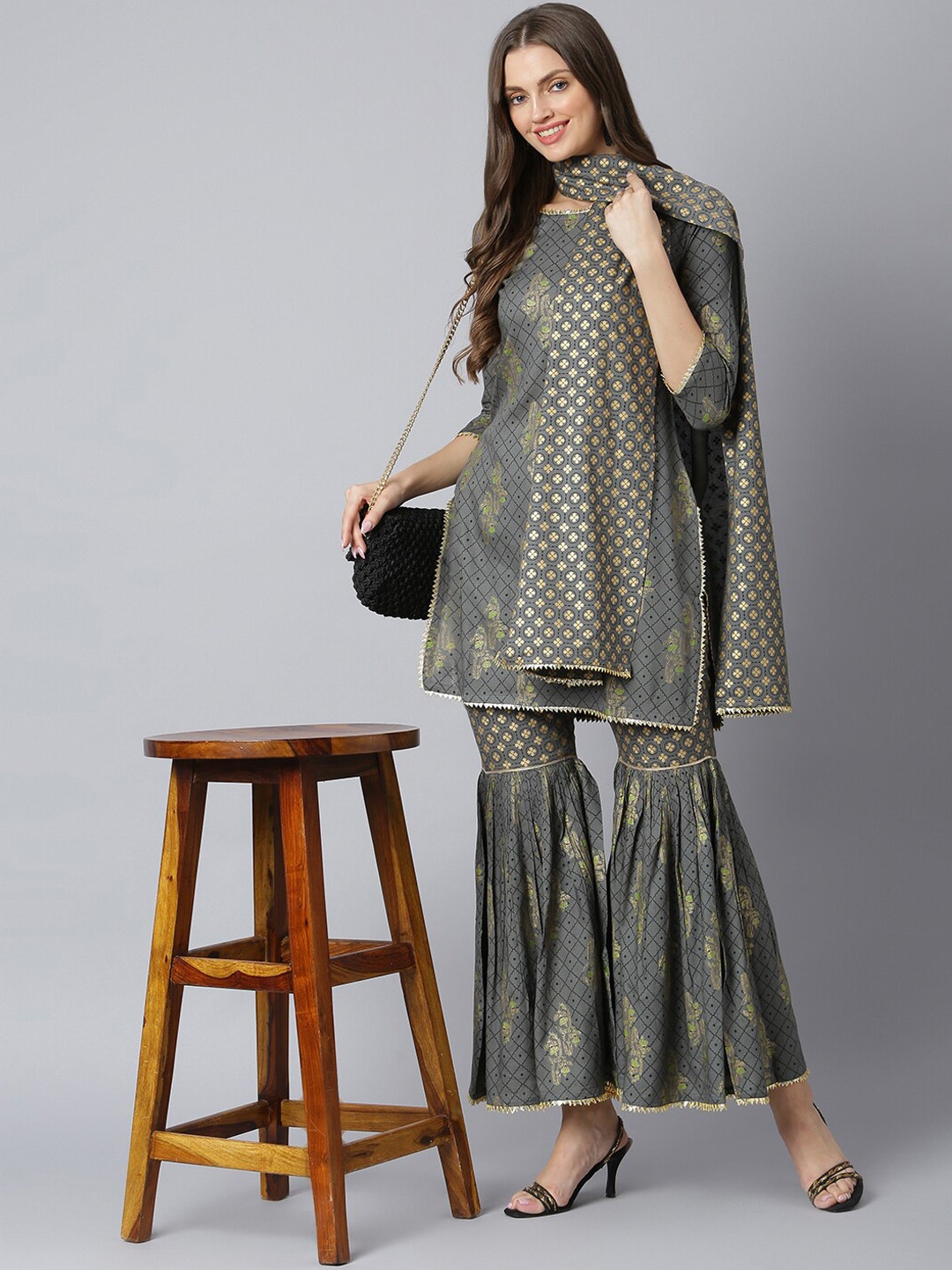 

Khushal K Ethnic Motifs Printed Gotta Patti Kurta with Sharara & With Dupatta, Grey