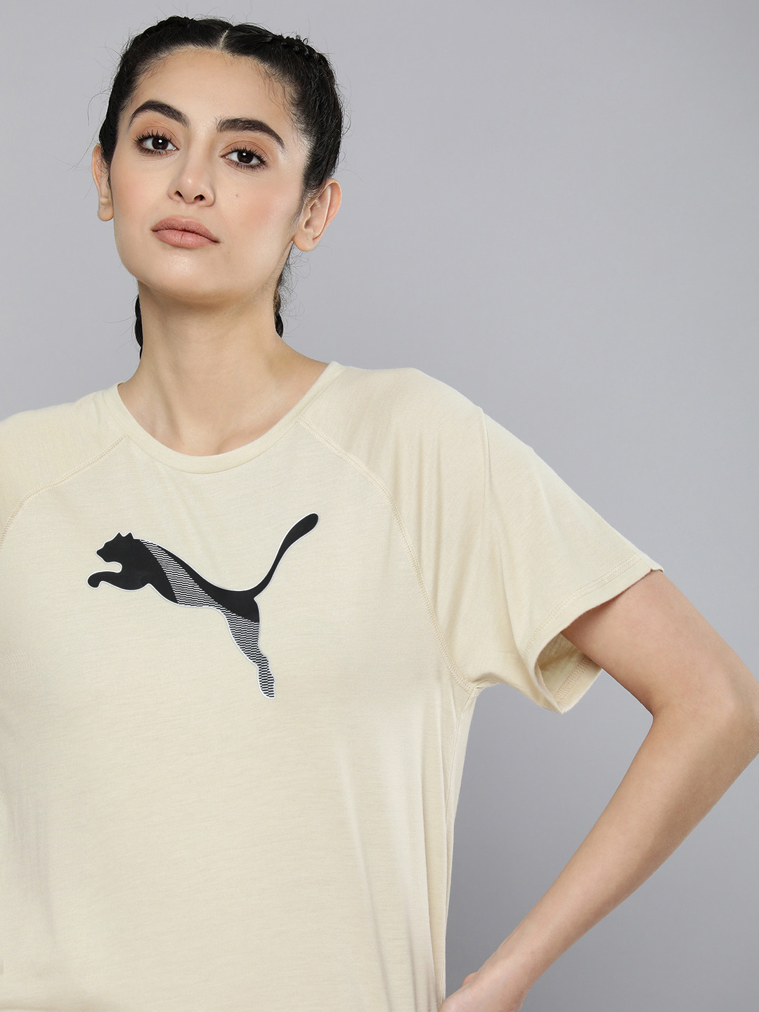 

Puma Brand Logo Printed Relaxed Fit dryCELL Raglan Sleeves Evostripe Sustainable T-shirt, Beige