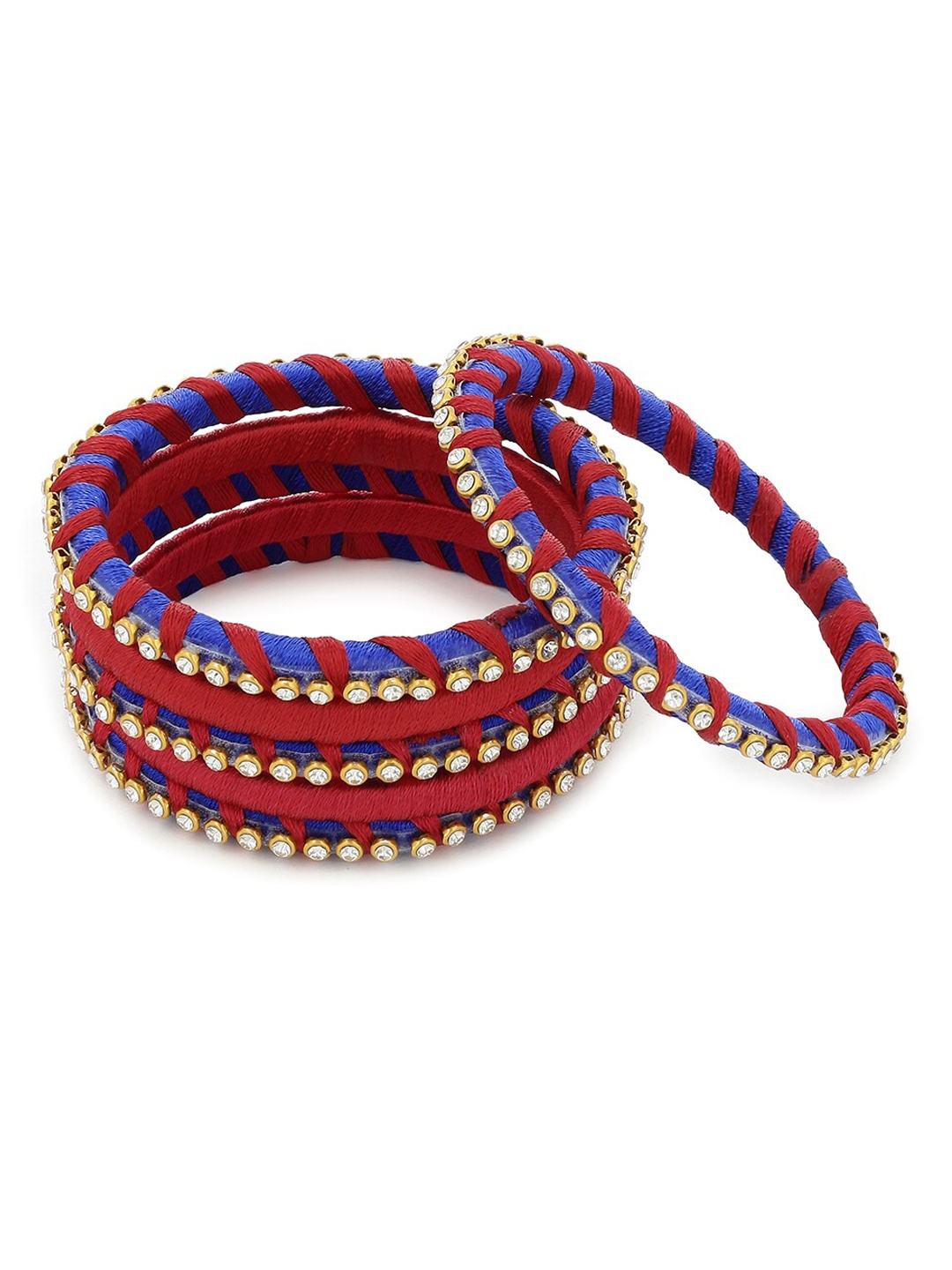 

AKSHARA Set Of 6 Stone-Studded & Beaded Silk Thread Bangles, Red