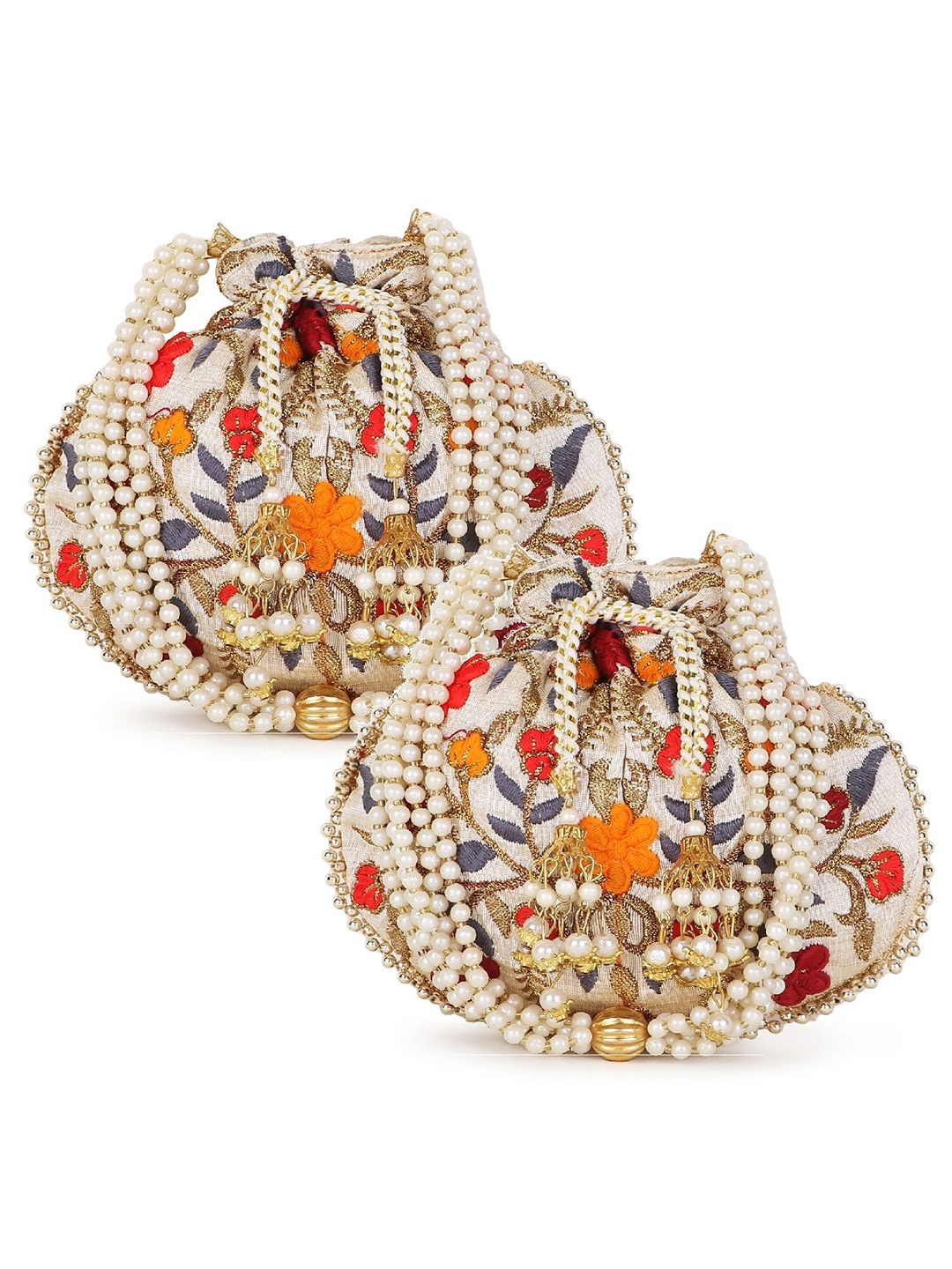 

Anekaant Set of 2 Floral Embroidered Potli Clutches, Cream