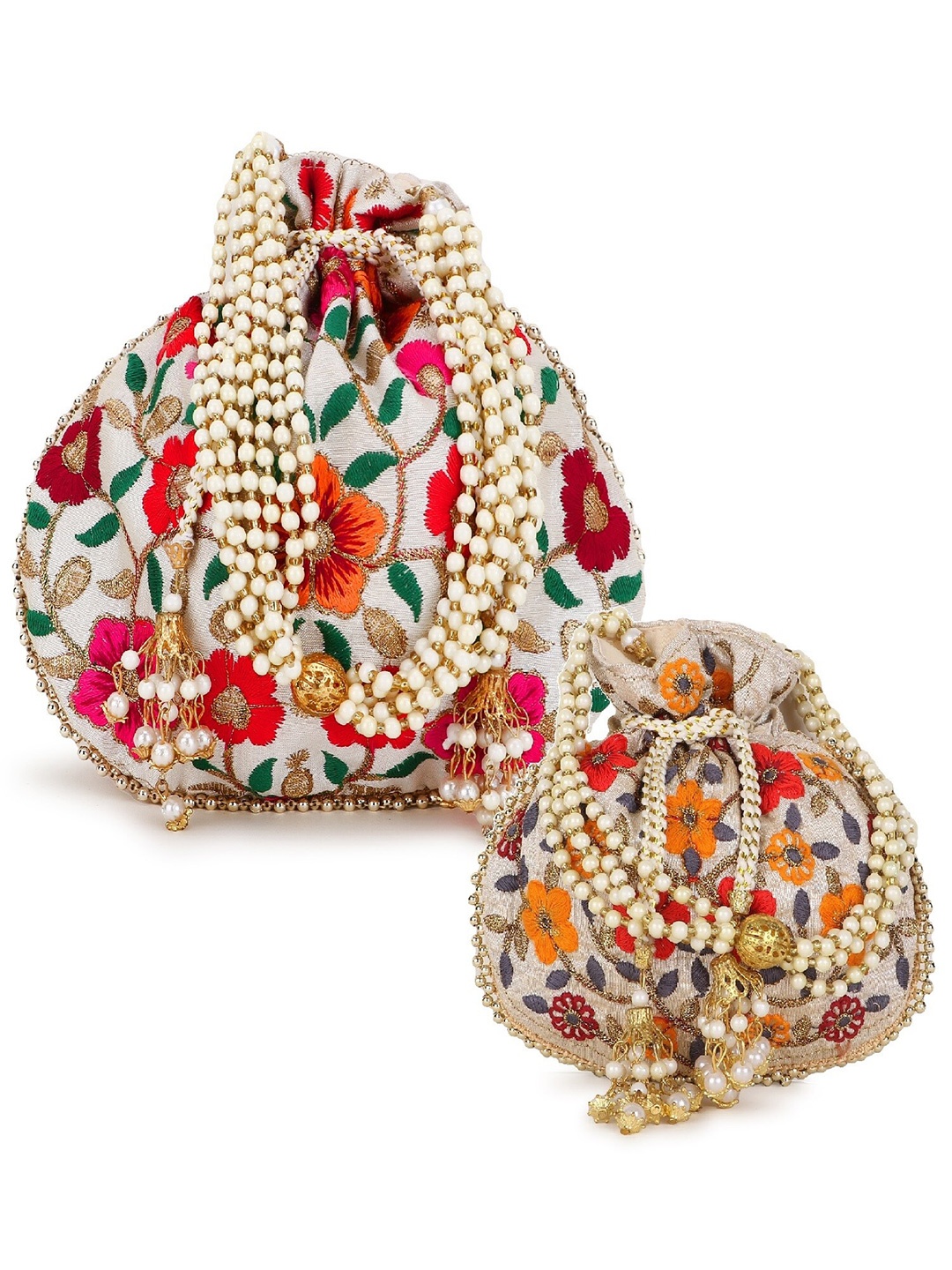 

Anekaant Set of 2 Floral Embroidered Potli Clutches, Cream