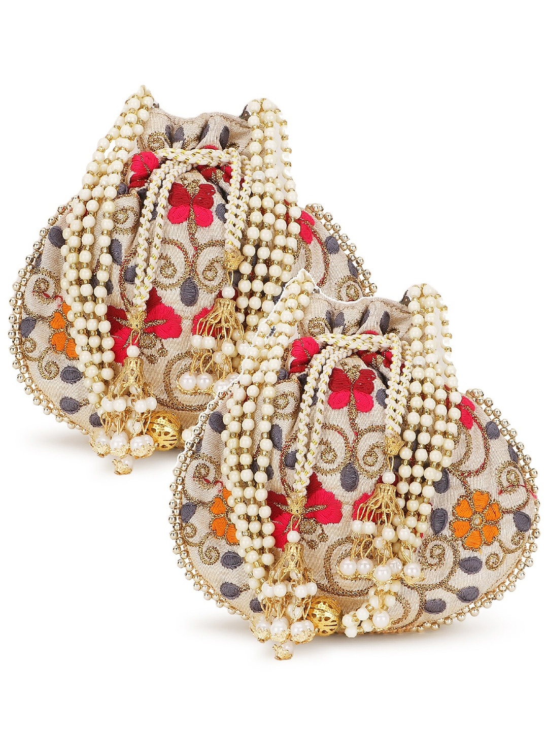 

Anekaant Set of 2 Floral Embroidered Potli Clutches, Cream