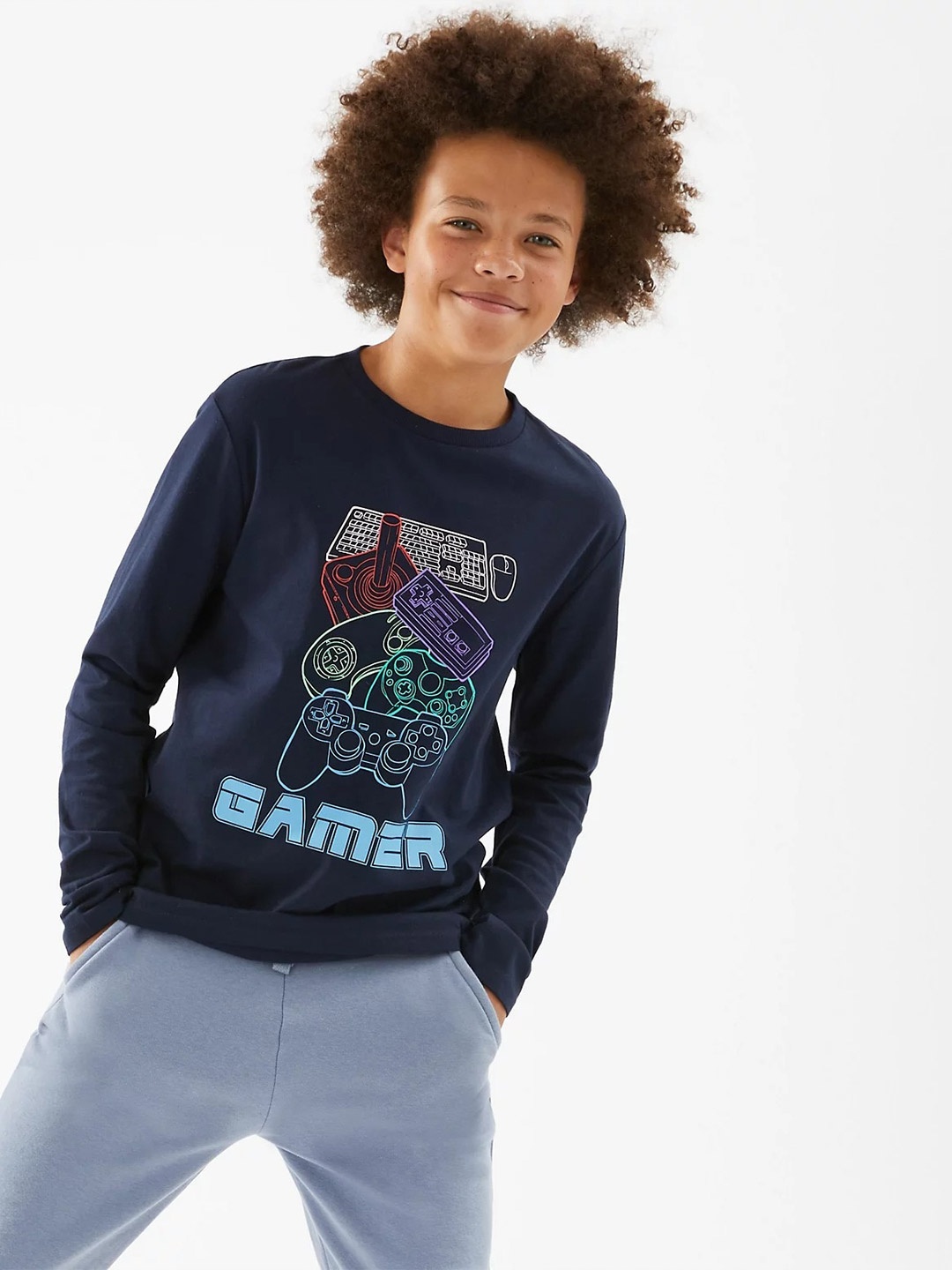 

Marks & Spencer Boys Graphic Printed Pure Cotton T-shirt, Navy blue