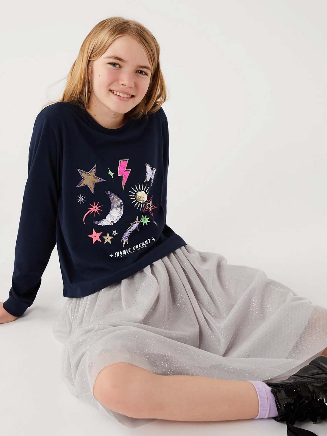 

Marks & Spencer Girls Printed Cotton T-shirt, Navy blue