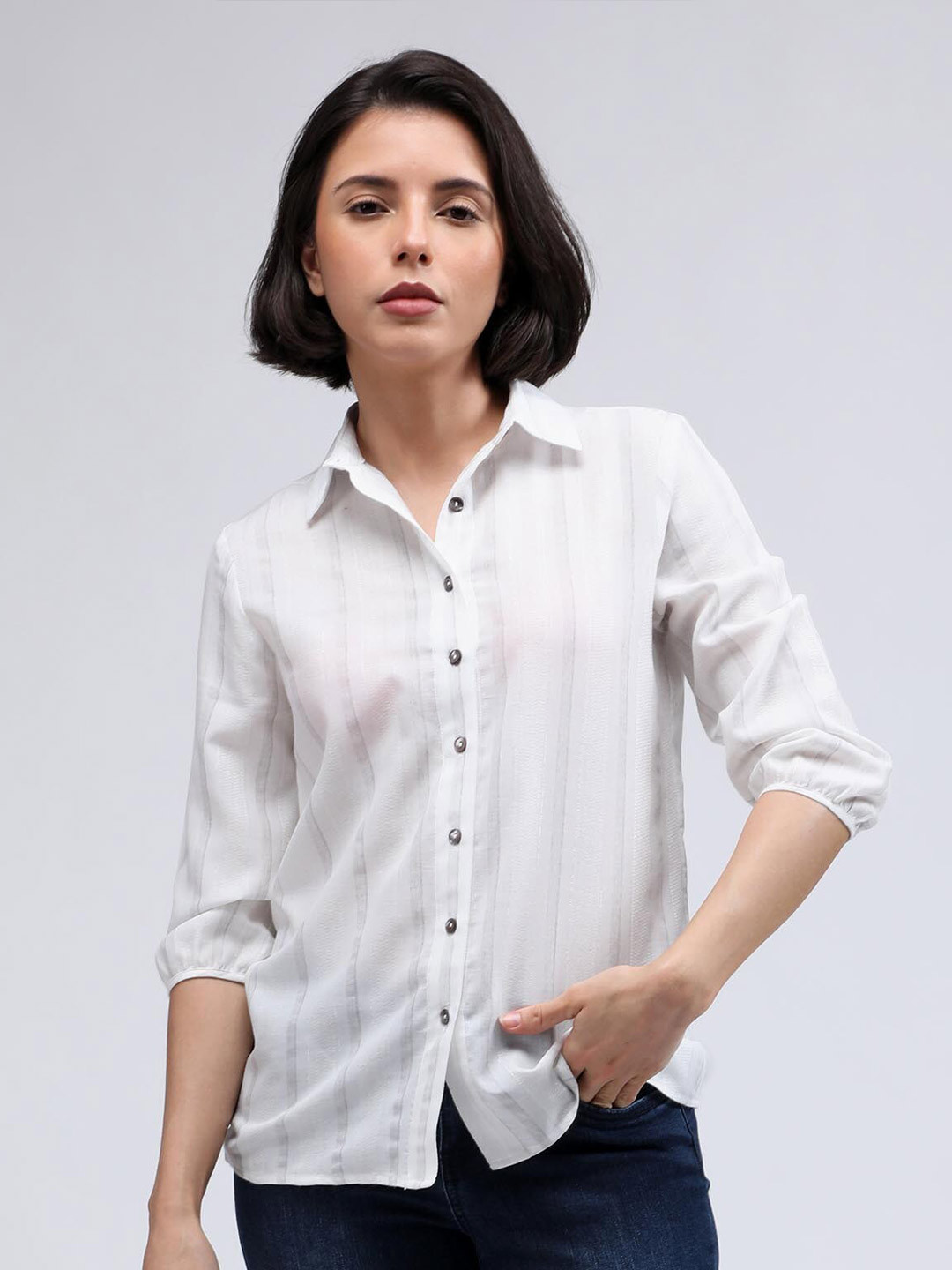 

IDK Women Striped Casual Shirt, White