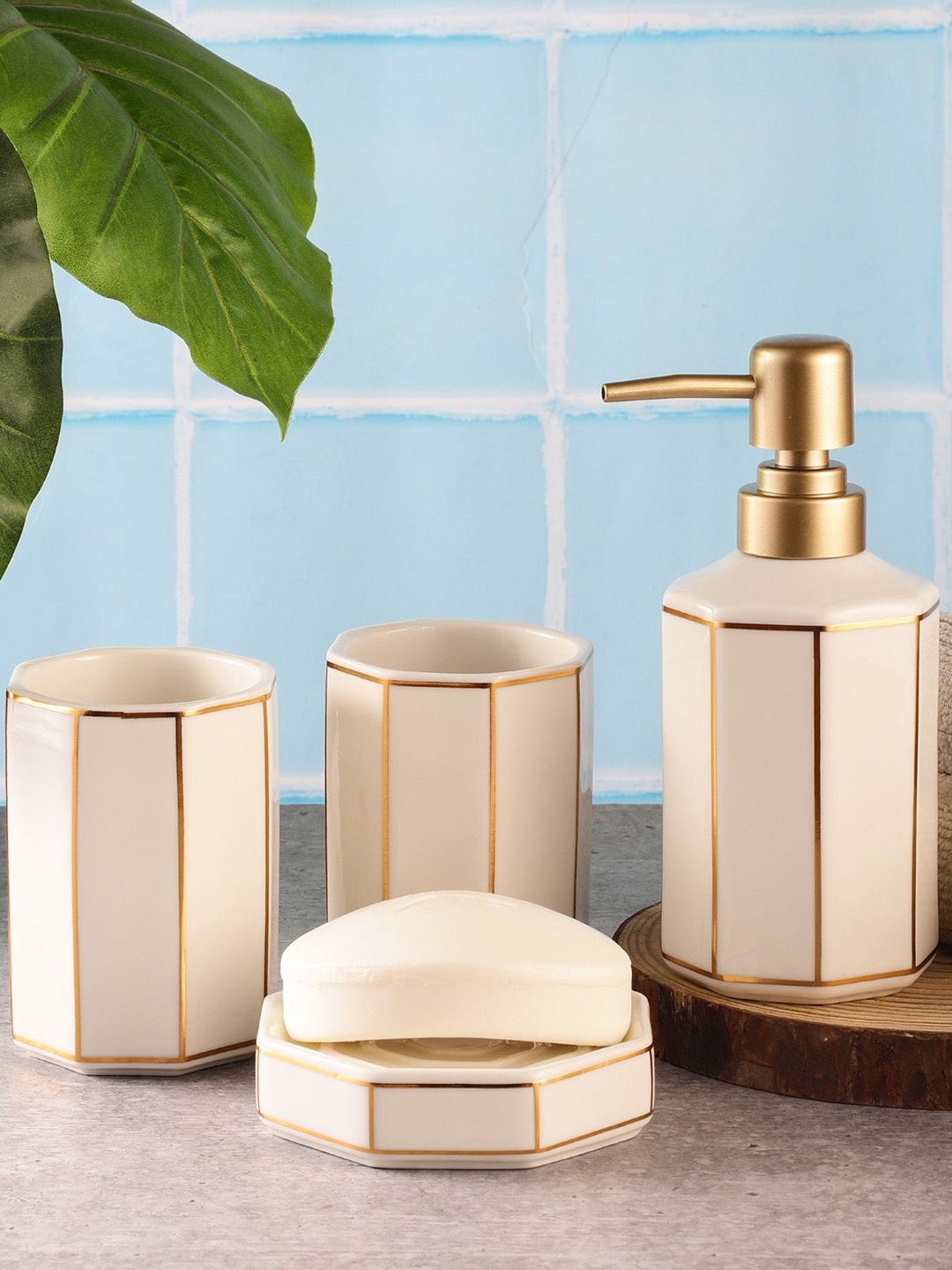 

The Decor Mart Set Of 4 White Hex Ceramic Bathroom Accessory Set