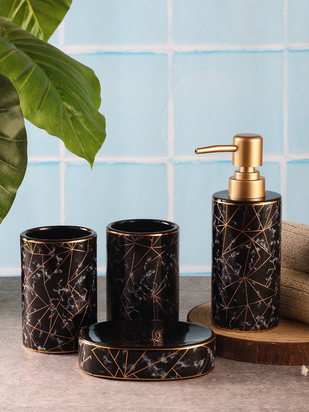 

The Decor Mart Set Of 4 Black Abstract Printed Ceramic Bathroom Accessories