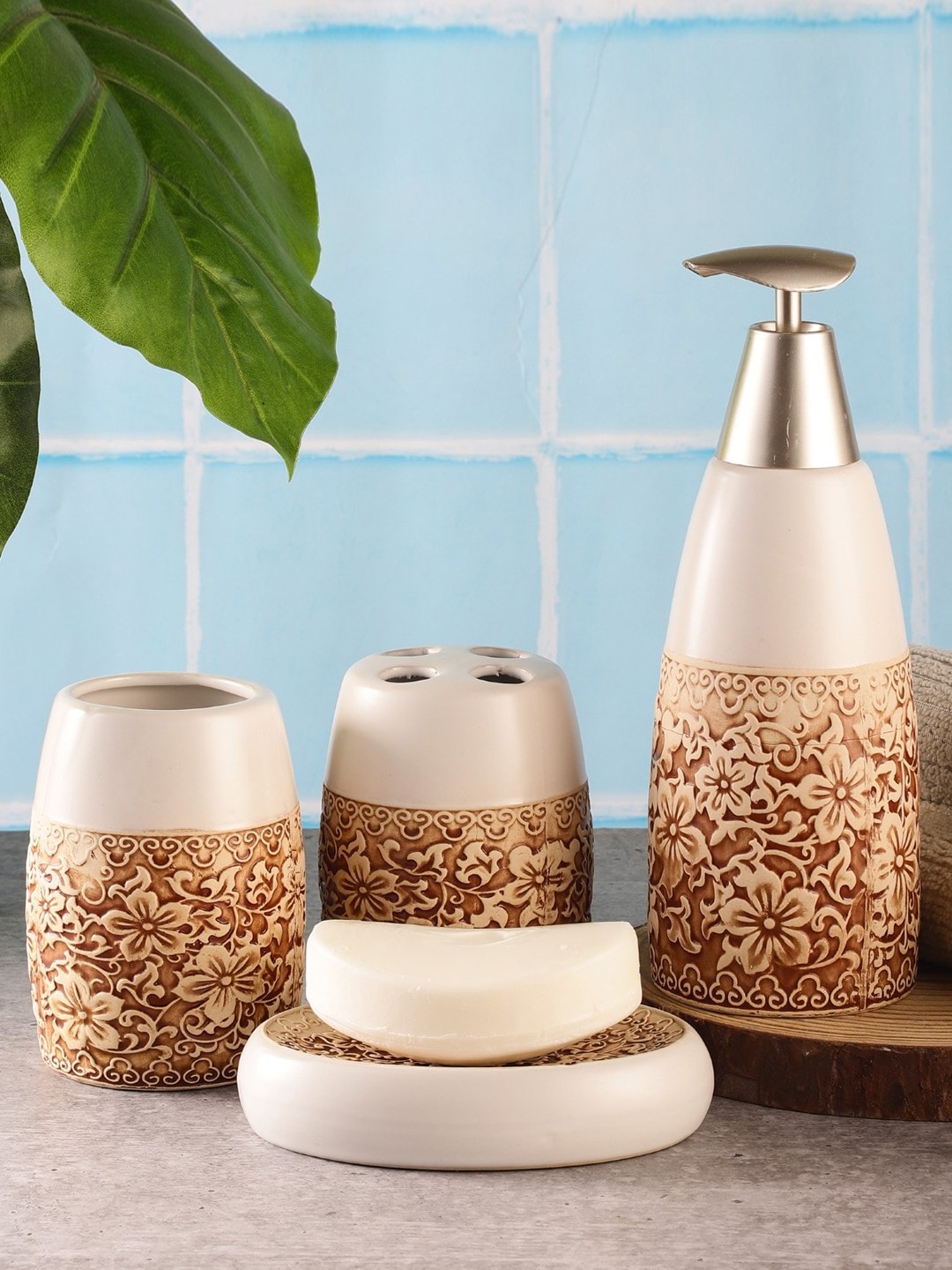 

The Decor Mart Set Of 4 White & Brown Floral Embossed Ceramic Bathroom Accessory Set