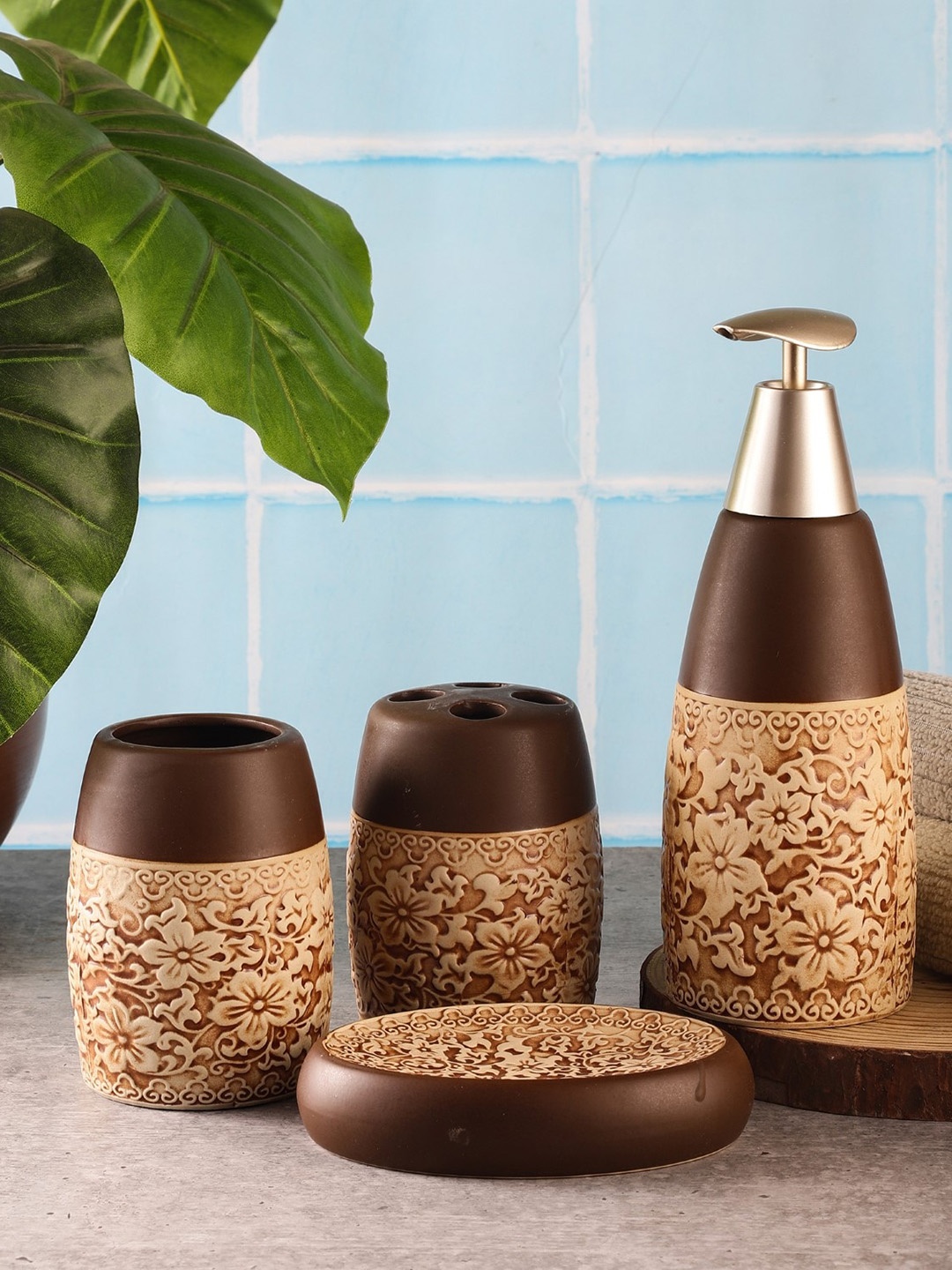 

The Decor Mart Set Of 4 Brown Floral Emboss Textured Ceramic Bathroom Accessory Set