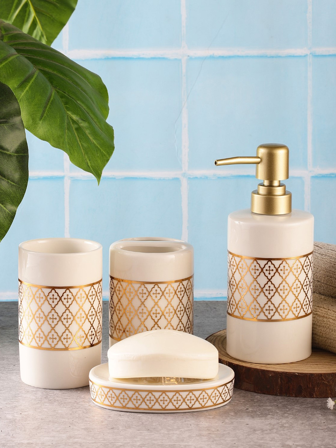 

The Decor Mart Set Of 4 White Printed Ceramic Bathroom Accessories