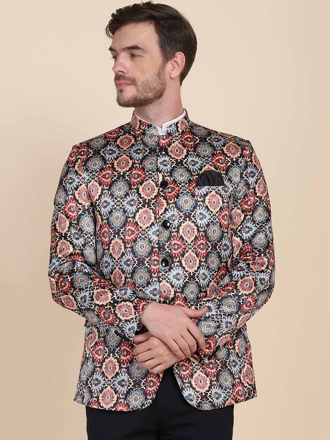 

TAHVO Men Printed Slim-Fit Bandhgala Party Blazer, Black