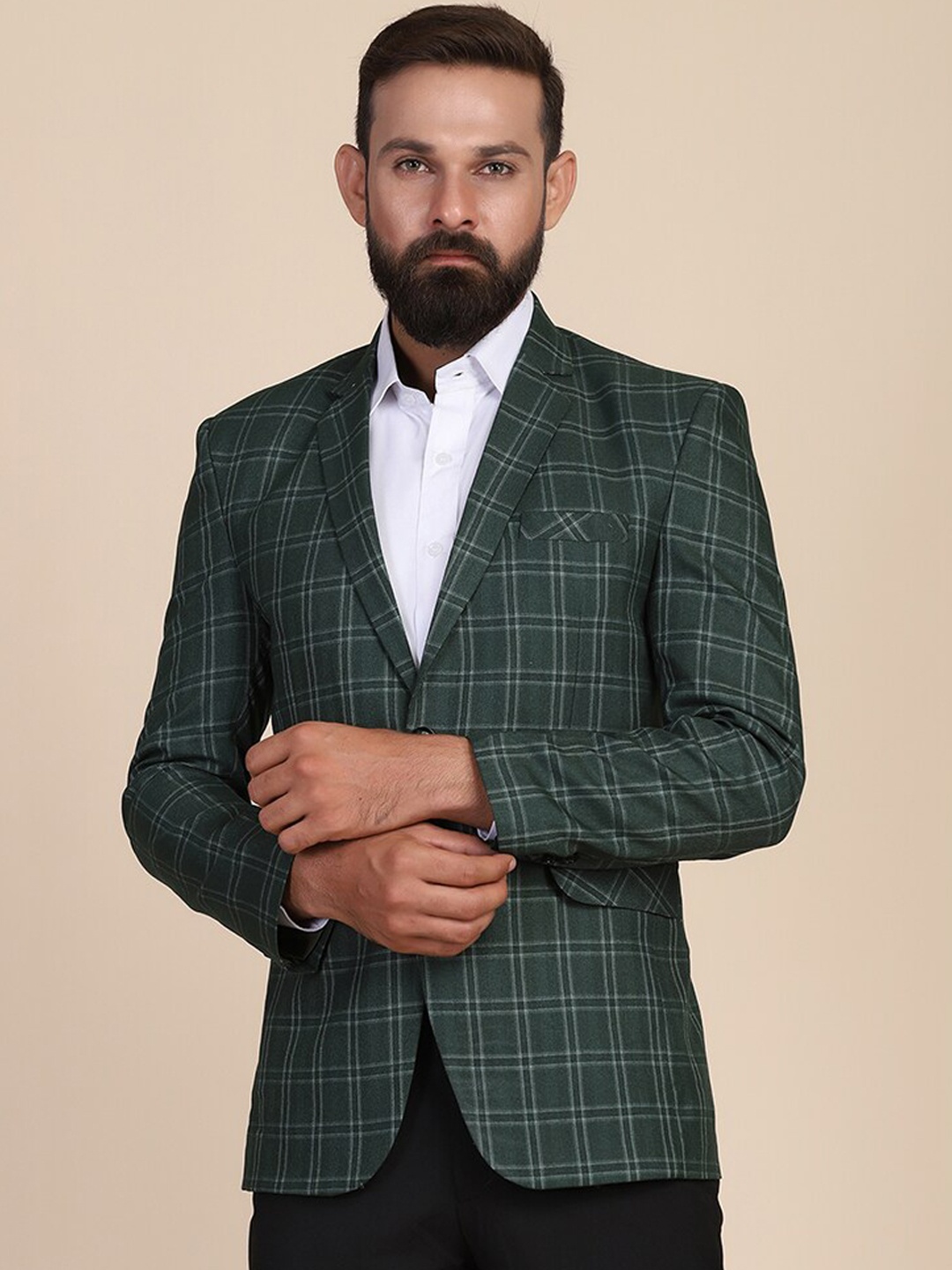 

TAHVO Men Checked Slim Fit Single-Breasted Party Blazer, Green