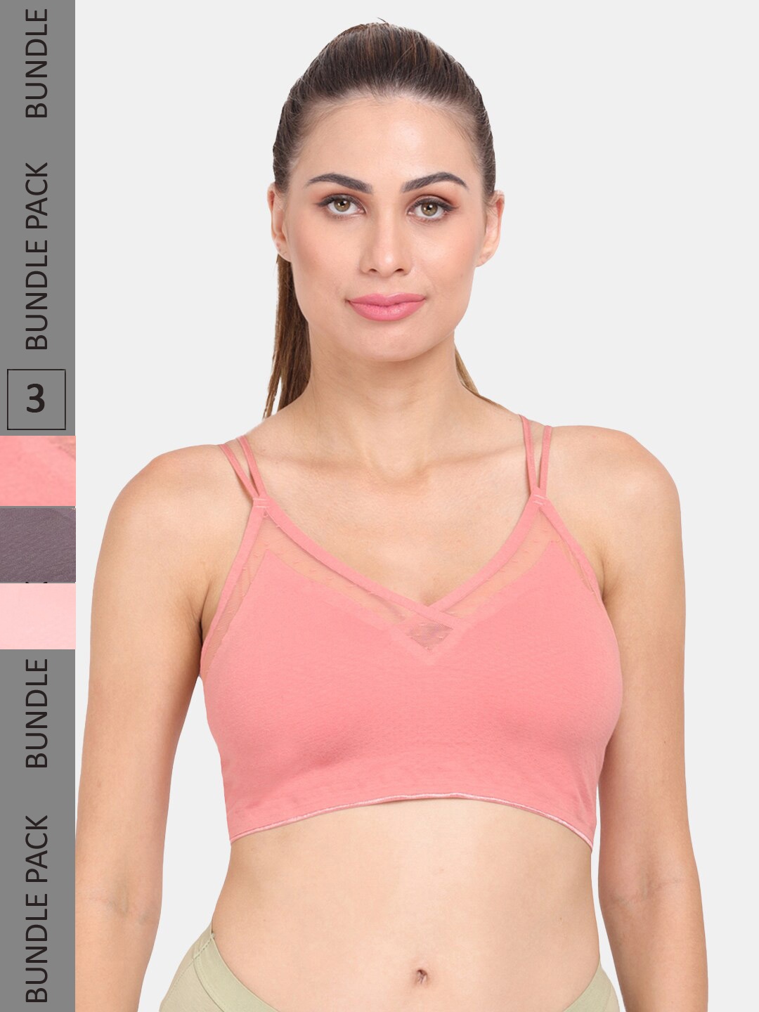 

Amour Secret Pack of 3 Seamless Lightly Padded Anti-Odour Sports Bra S6351_Crl_Dgry_Rbn, Coral