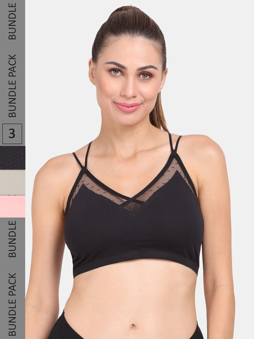

Amour Secret Pack of 3 Seamless Lightly Padded Anti-Odour Sports Bra S6351_Blk_Grn_Rbn, Black