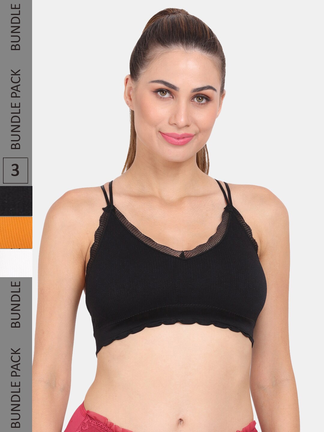 

Amour Secret Pack of 3 Seamless Lightly Padded Anti-Odour Sports Bra S3061_Blk_Org_Wht, Black