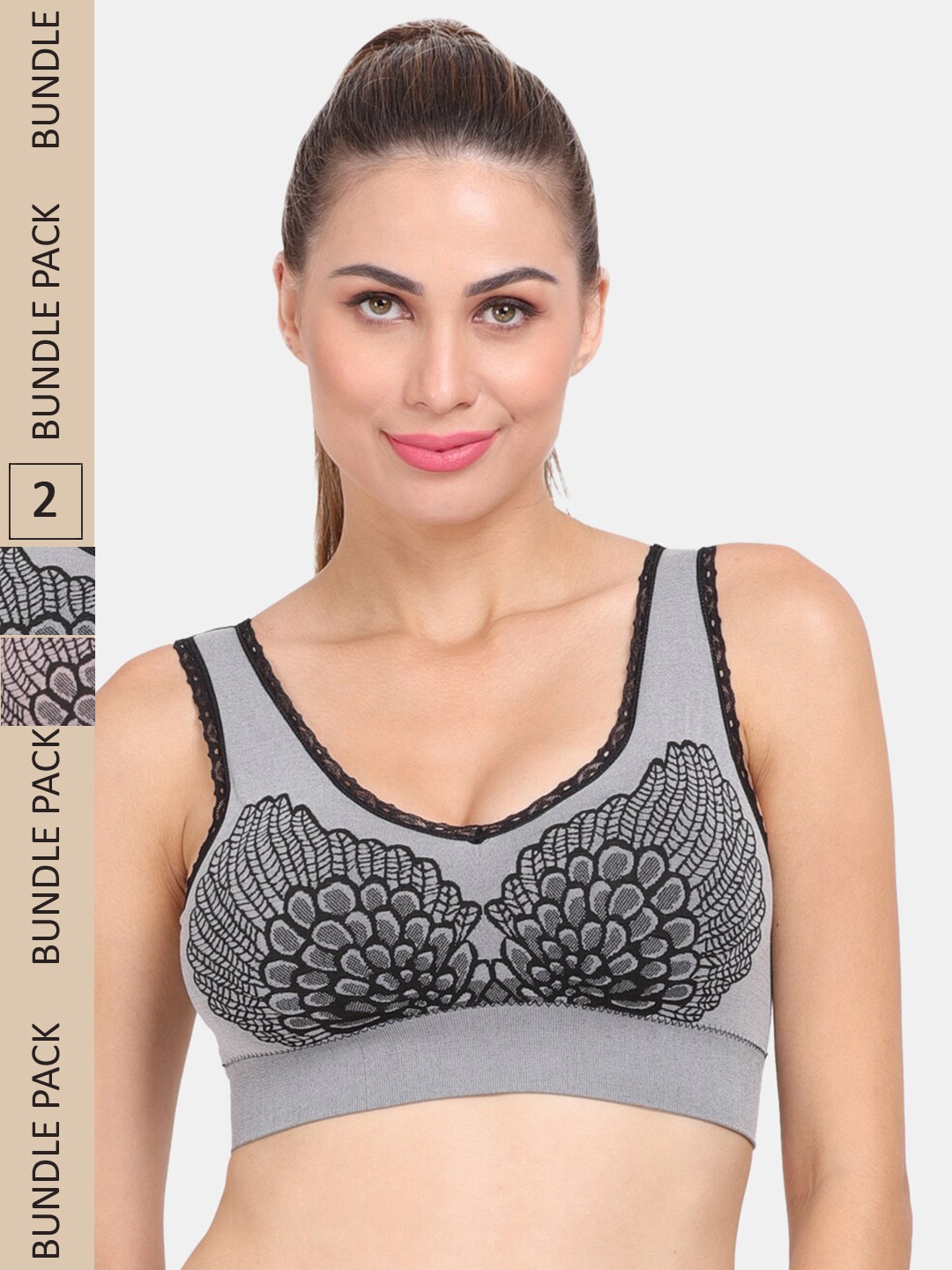 

Amour Secret Pack of 2 Floral Lightly Padded Bra, Grey
