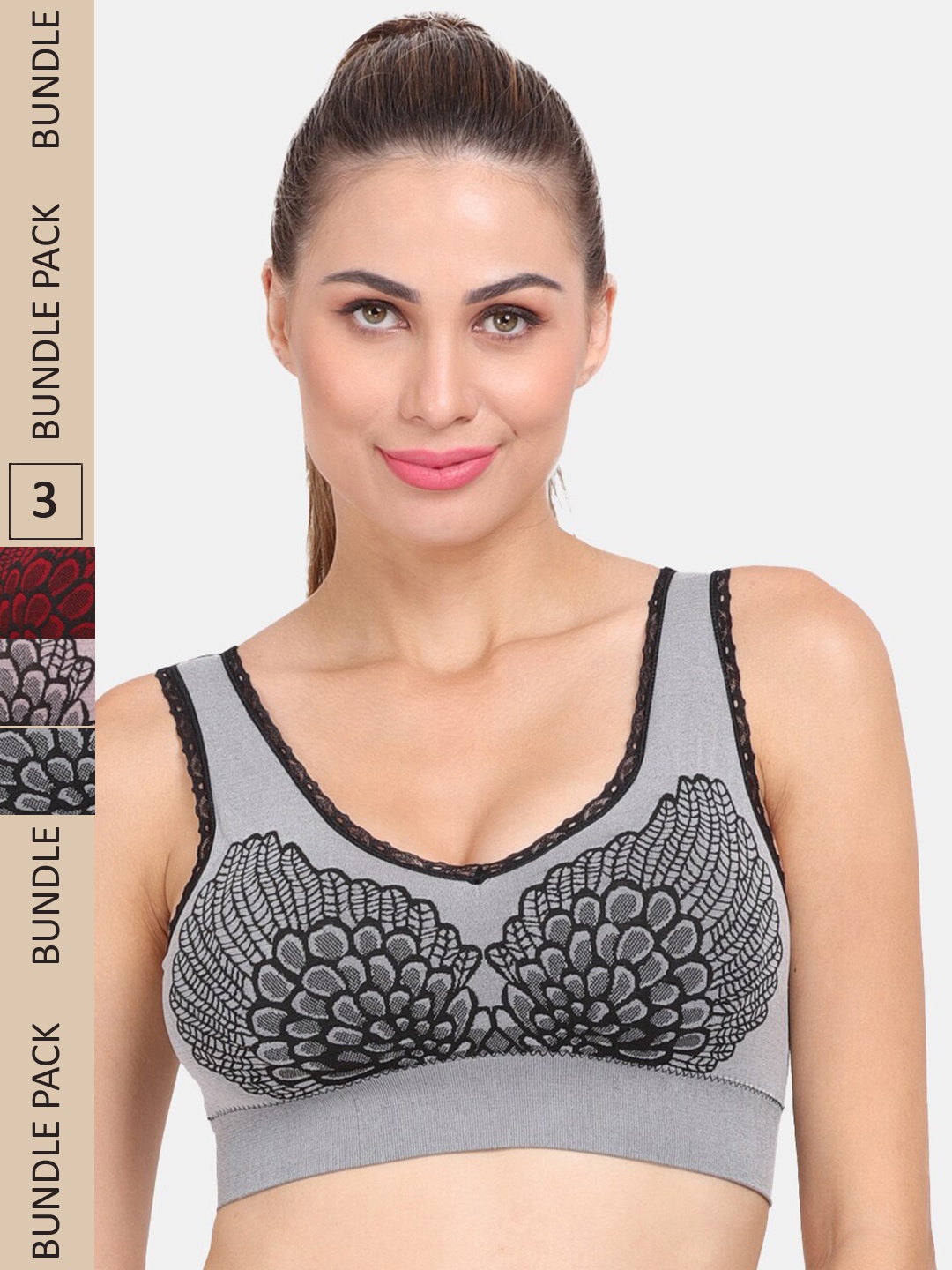 

Amour Secret Pack Of 3 Printed Lightly Padded Non Wired Anti-Odour Workout Sports Bra, Grey