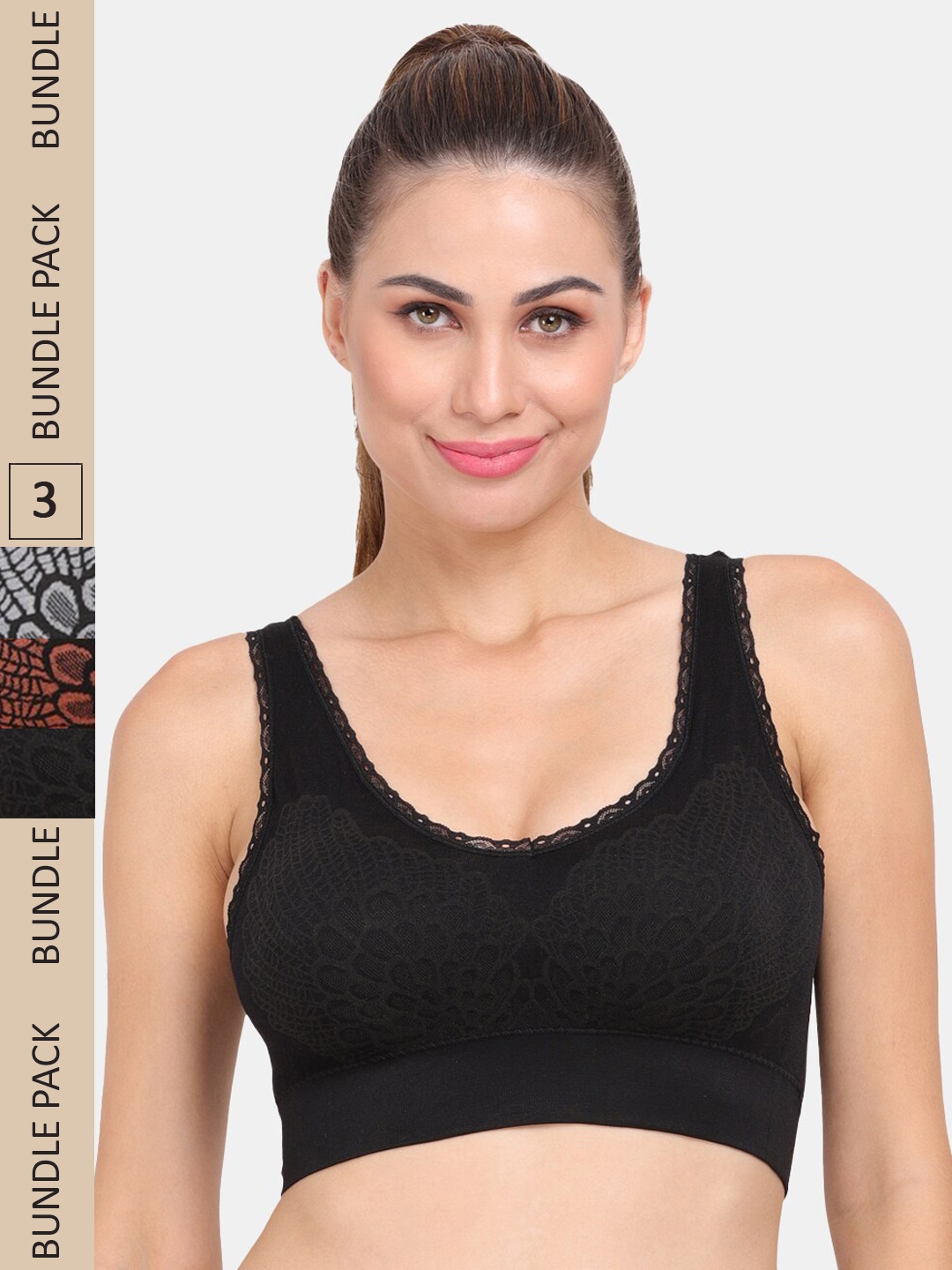 

Amour Secret Pack Of 3 Floral Lightly Padded Non-Wired Workout Bra, Black