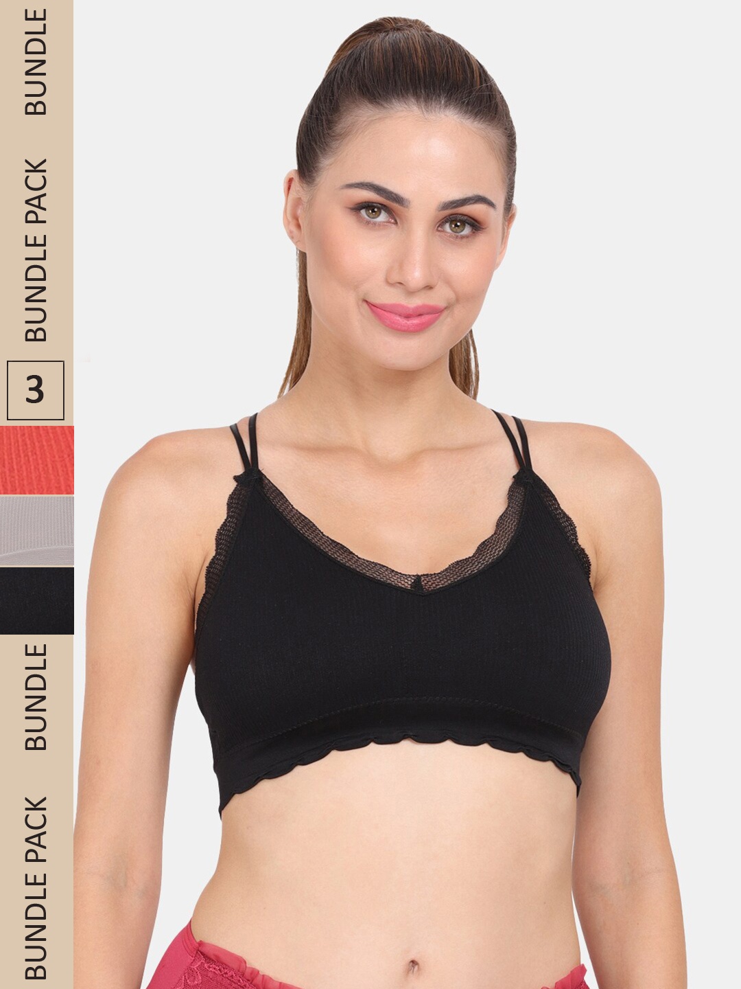 

Amour Secret Pack Of 3 Ribbed Lightly Padded Anti Odour Sports Bra, Black