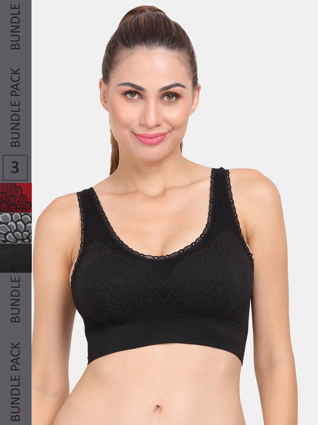 

Amour Secret Pack Of 3 Self Design Seamless Lightly Padded Sports Bra, Black