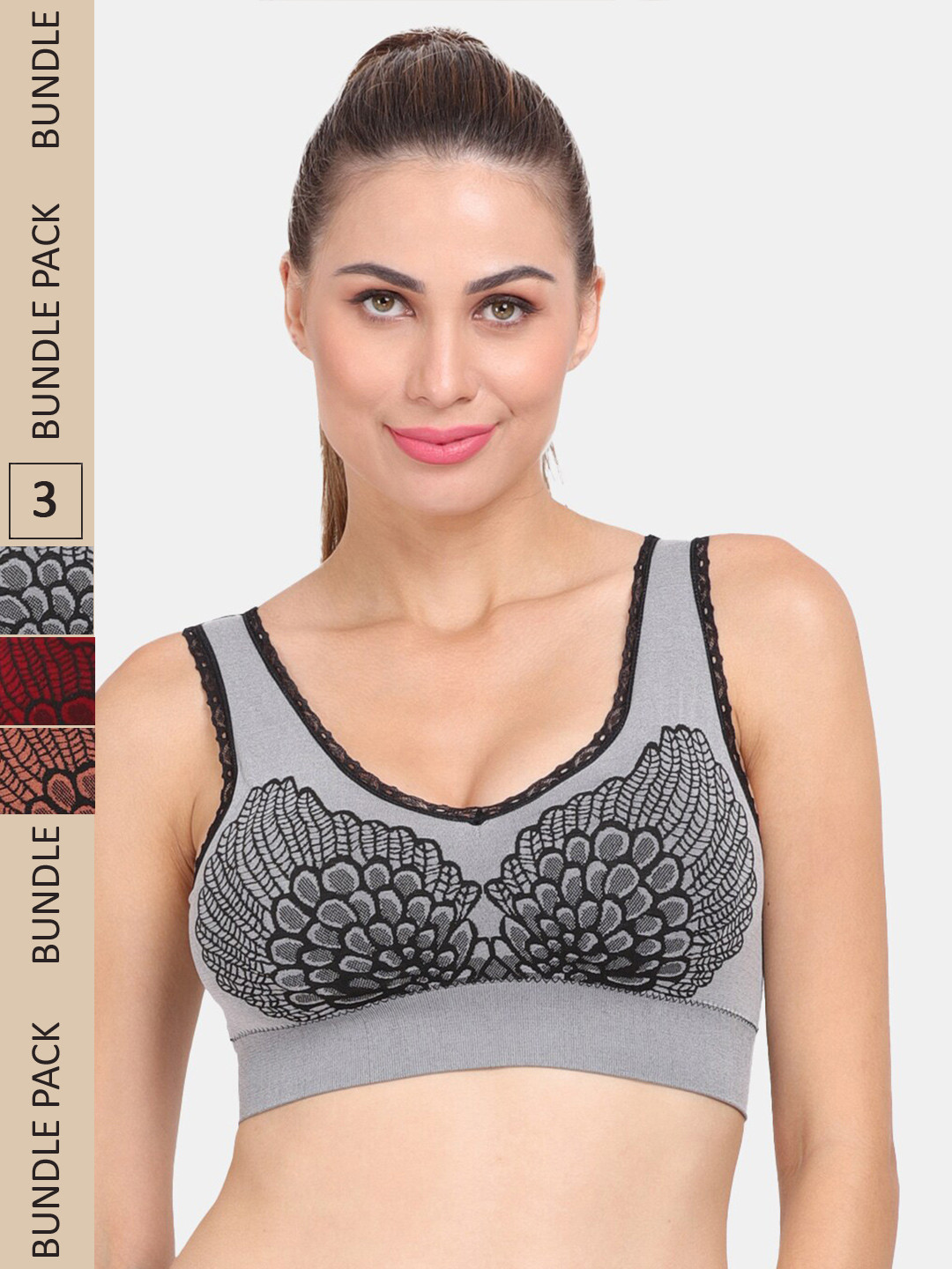 

Amour Secret Pack of 3 Lightly Padded Anti Odour Sports Bra, Grey