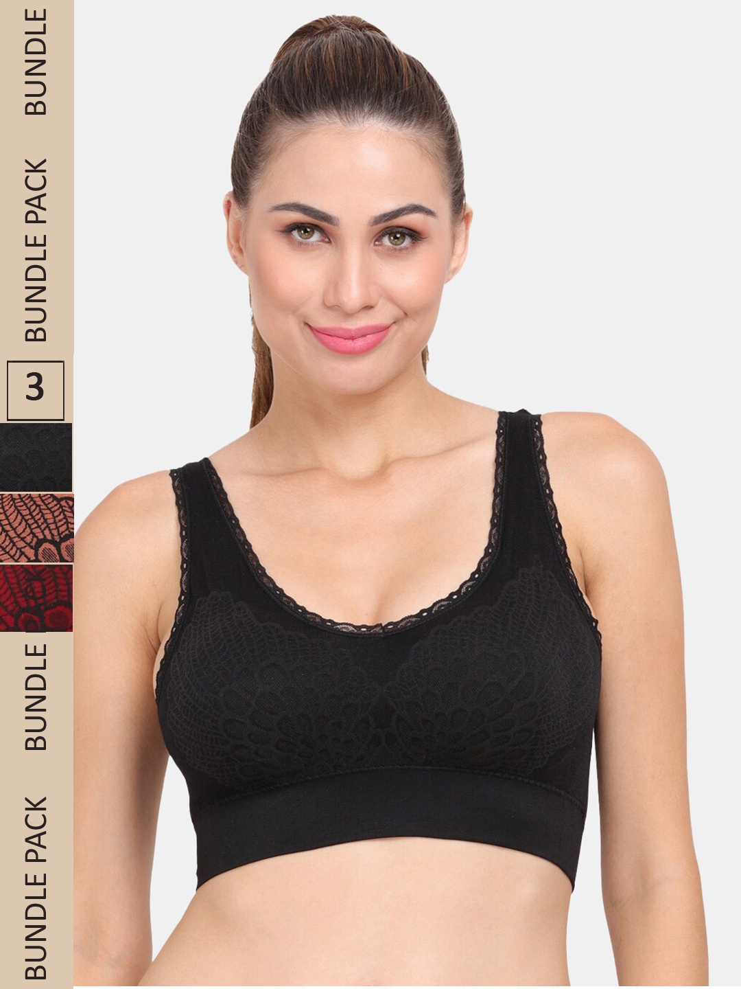 

Amour Secret Pack of 3 Graphic Printed Lightly Padded Sports Bra, Black