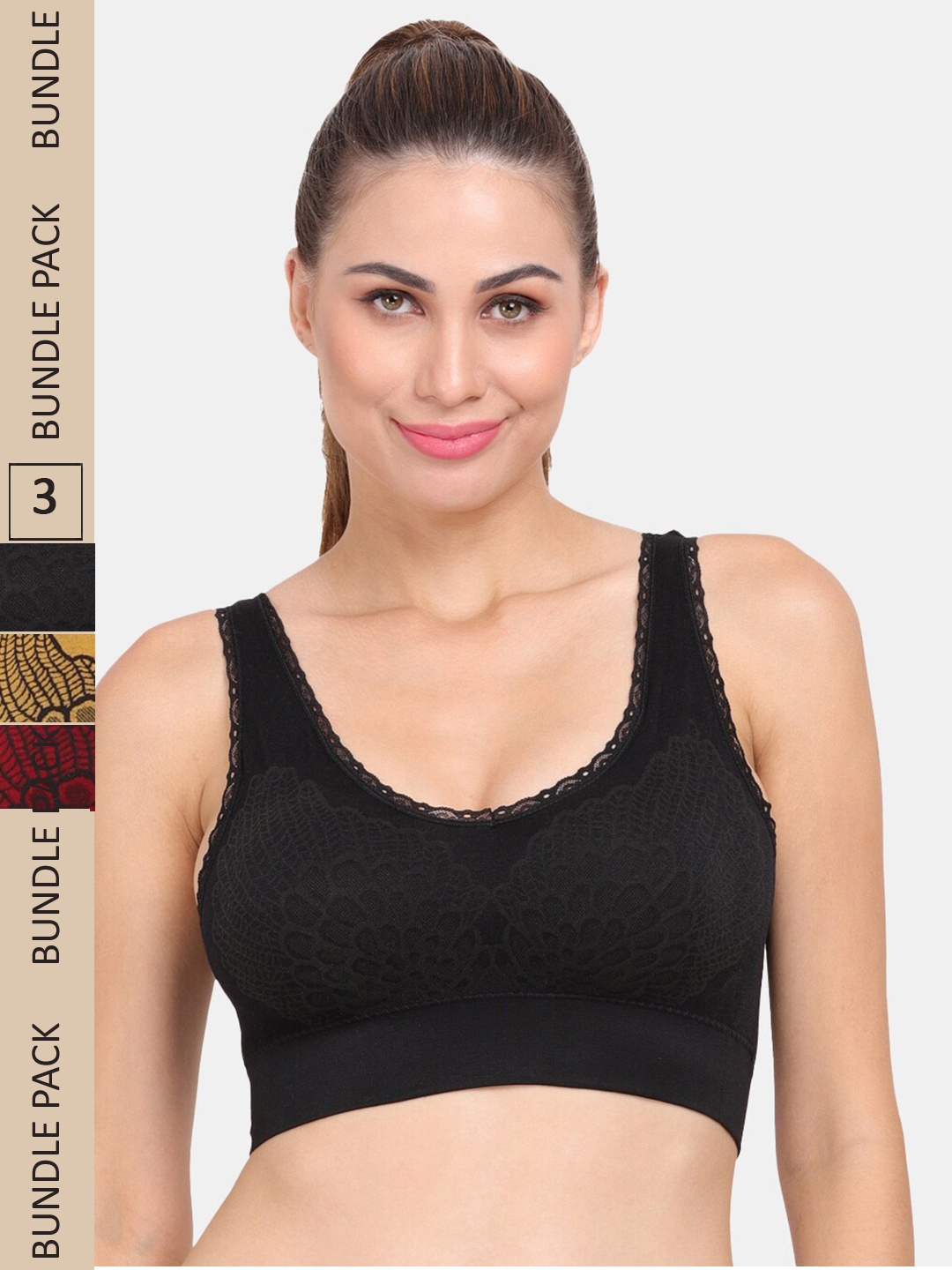 

Amour Secret Pack of 3 Graphic Printed Lightly Padded Sports Bra, Black