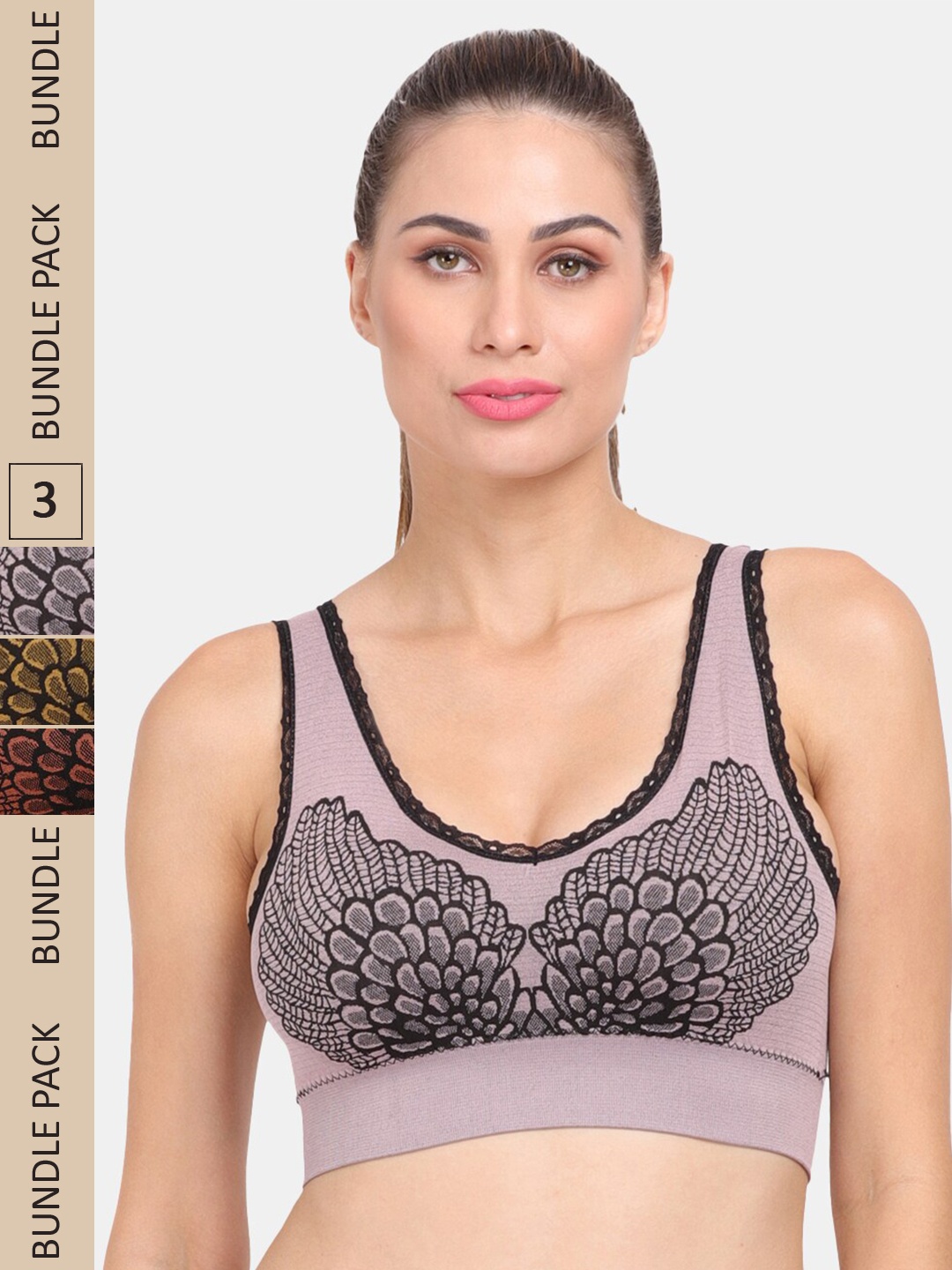 

Amour Secret Pack of 3 Graphic Printed Lightly Padded Sports Bra, Mauve