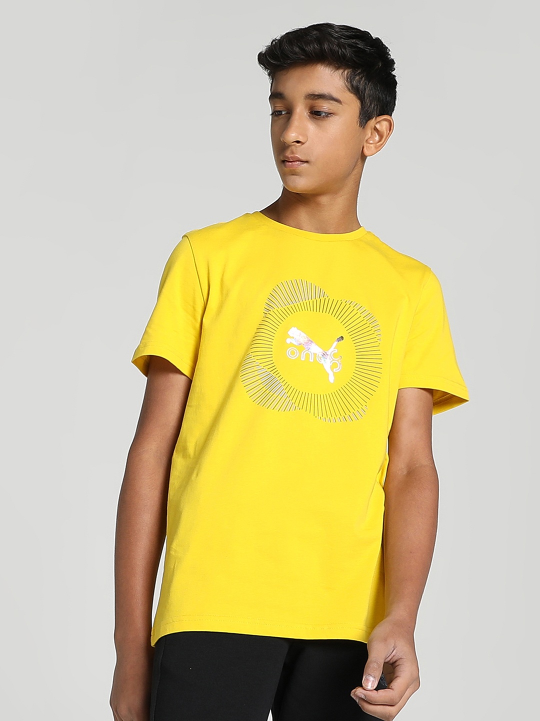 

one8 x PUMA Boys Pure Cotton Brand Logo Printed T-shirt, Yellow