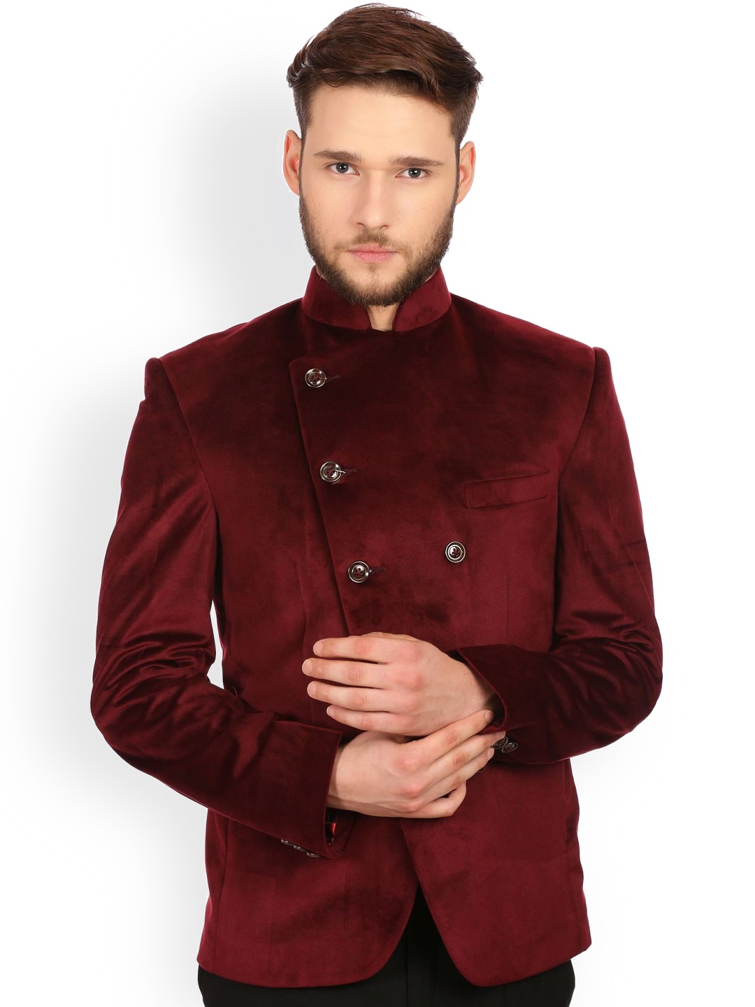 

Wintage Maroon Double-Breasted Tailored Fit Ethnic Bandhgala Blazer
