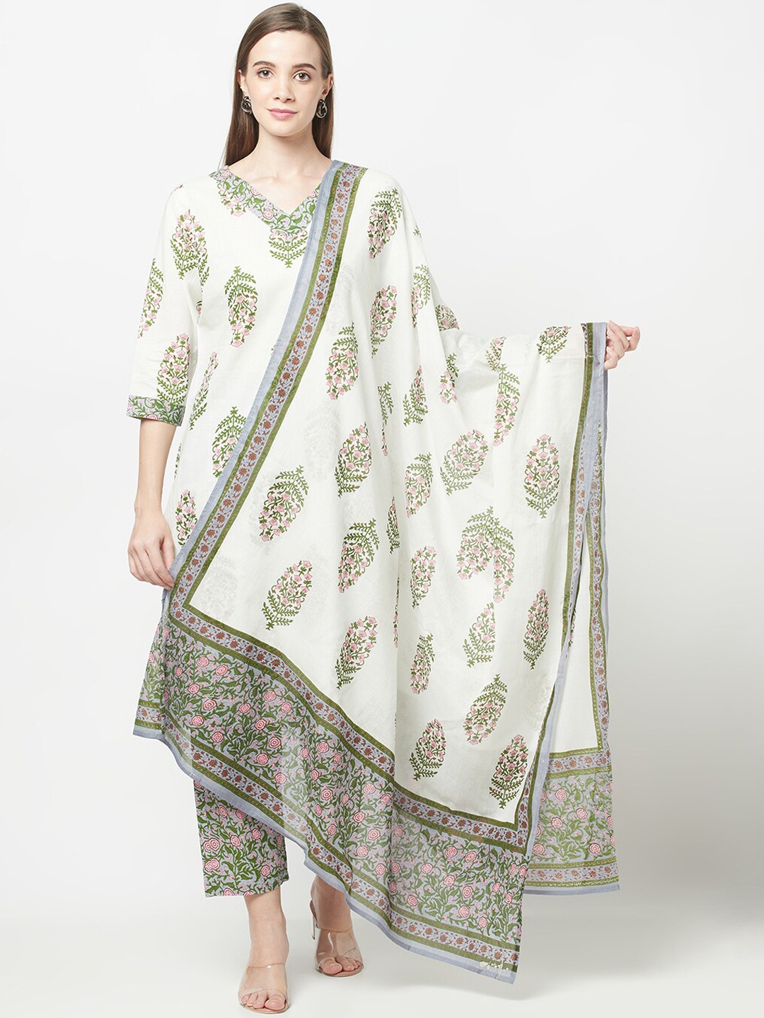 

KALINI Floral Printed V-Neck Pure Cotton Kurta with Trousers & Dupatta, White