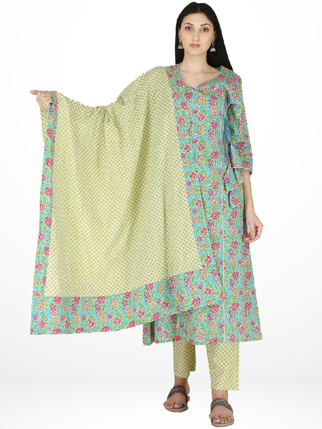 

KALINI Floral Printed Pure Cotton Kurta with Trousers & Dupatta, Sea green