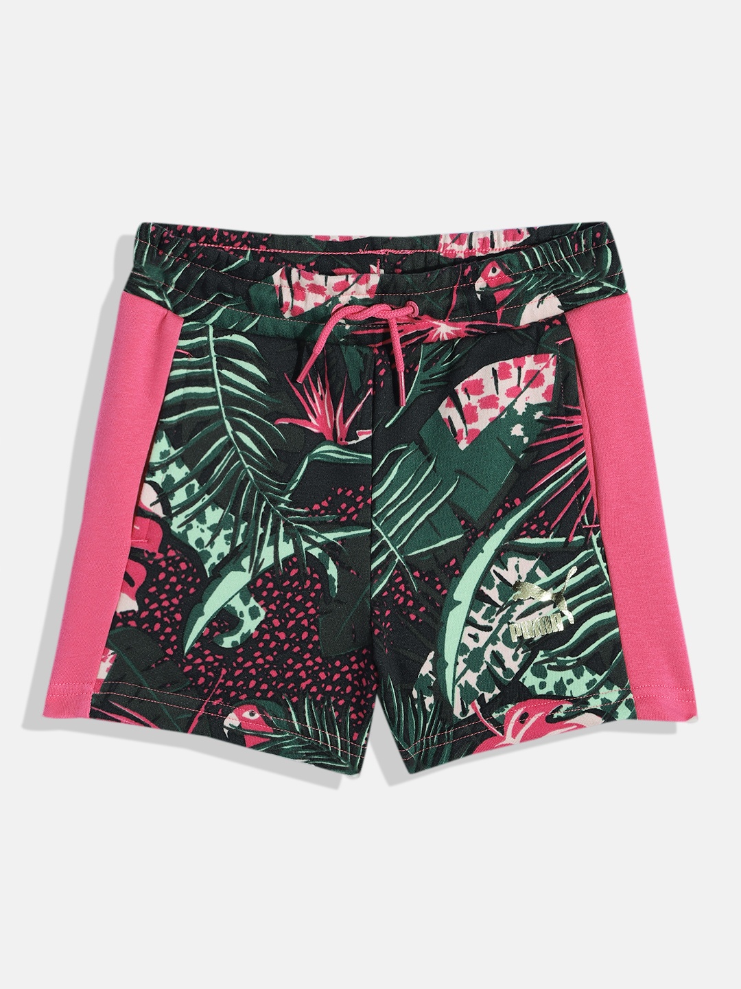 

Puma Girls Tropical Print Regular Fit Mid-Rise T7 Vacay Queen AOP Youth Regular Shorts, Pink